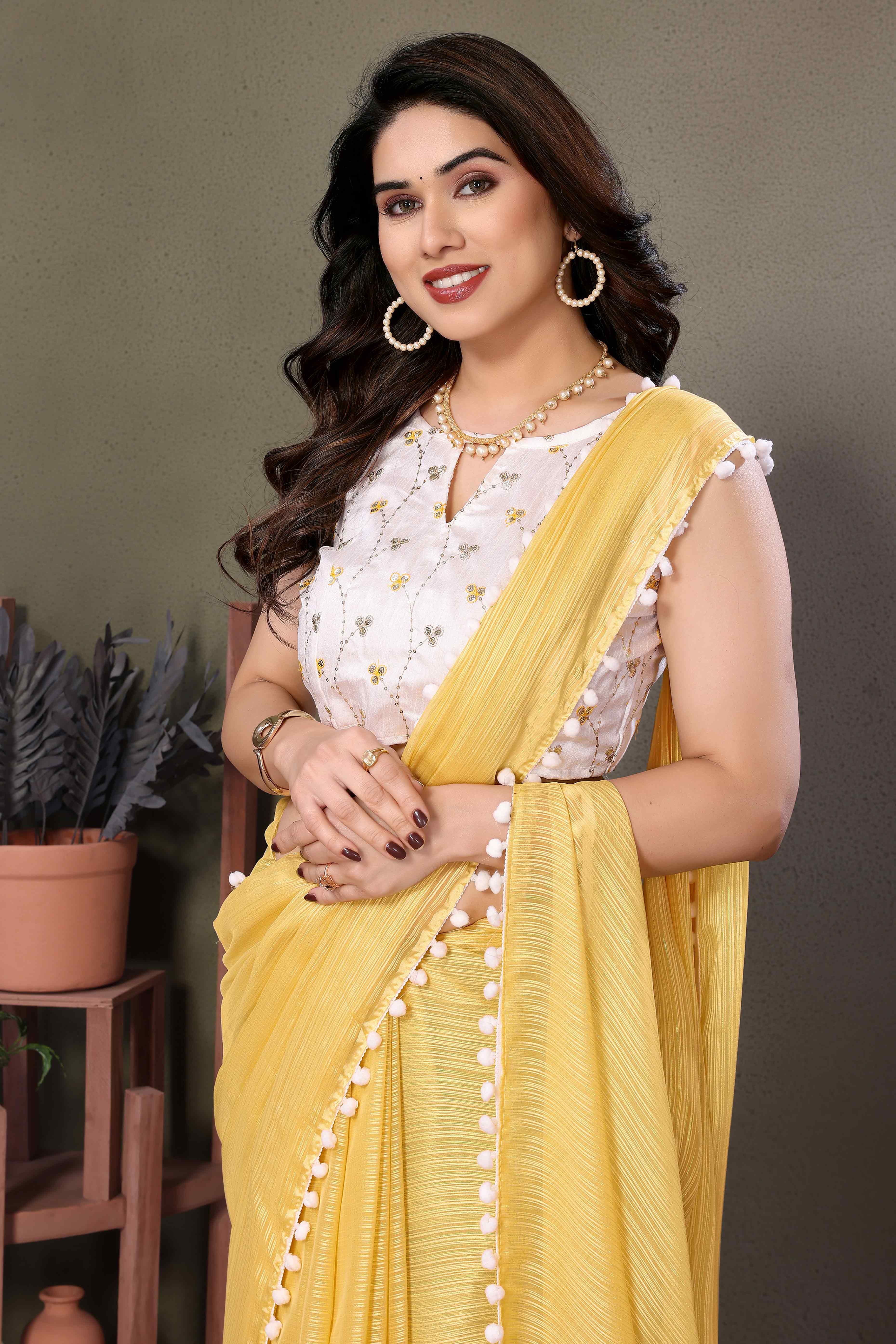 Yellow Zari Woven Satin Saree With Pompom Border