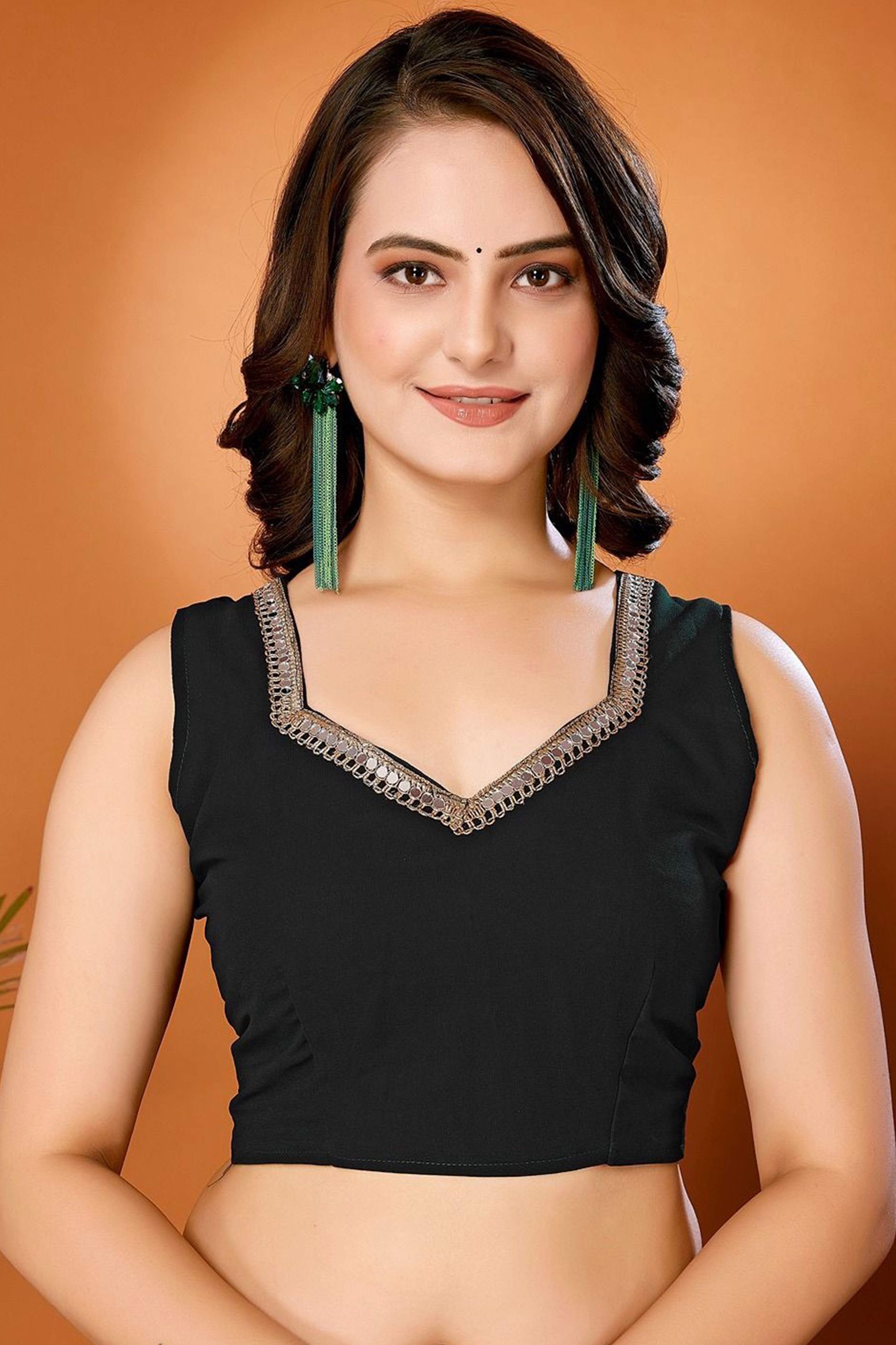 Black Solid Georgette Saree With Mirror Border