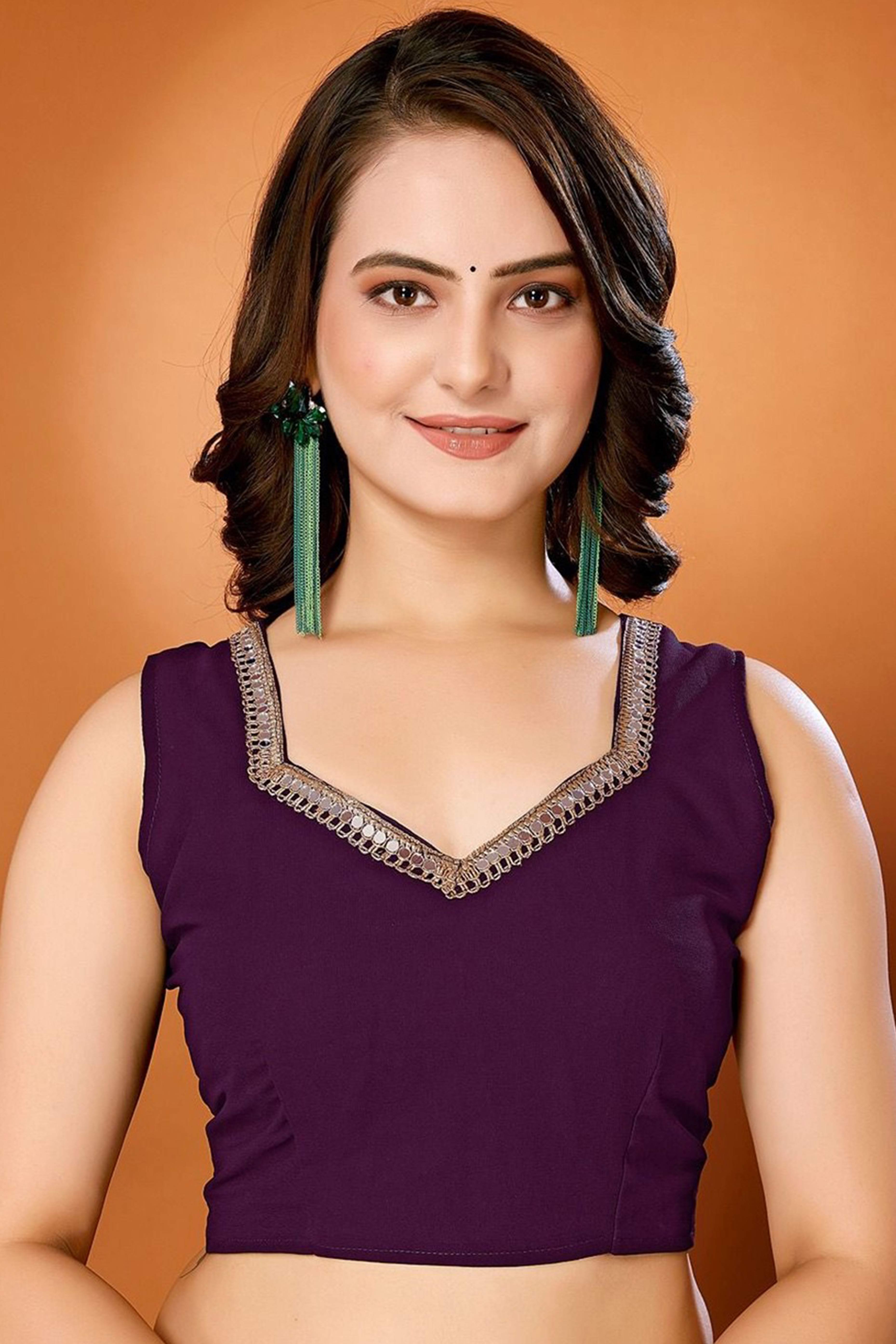 Purple Solid Georgette Saree With Mirror Border