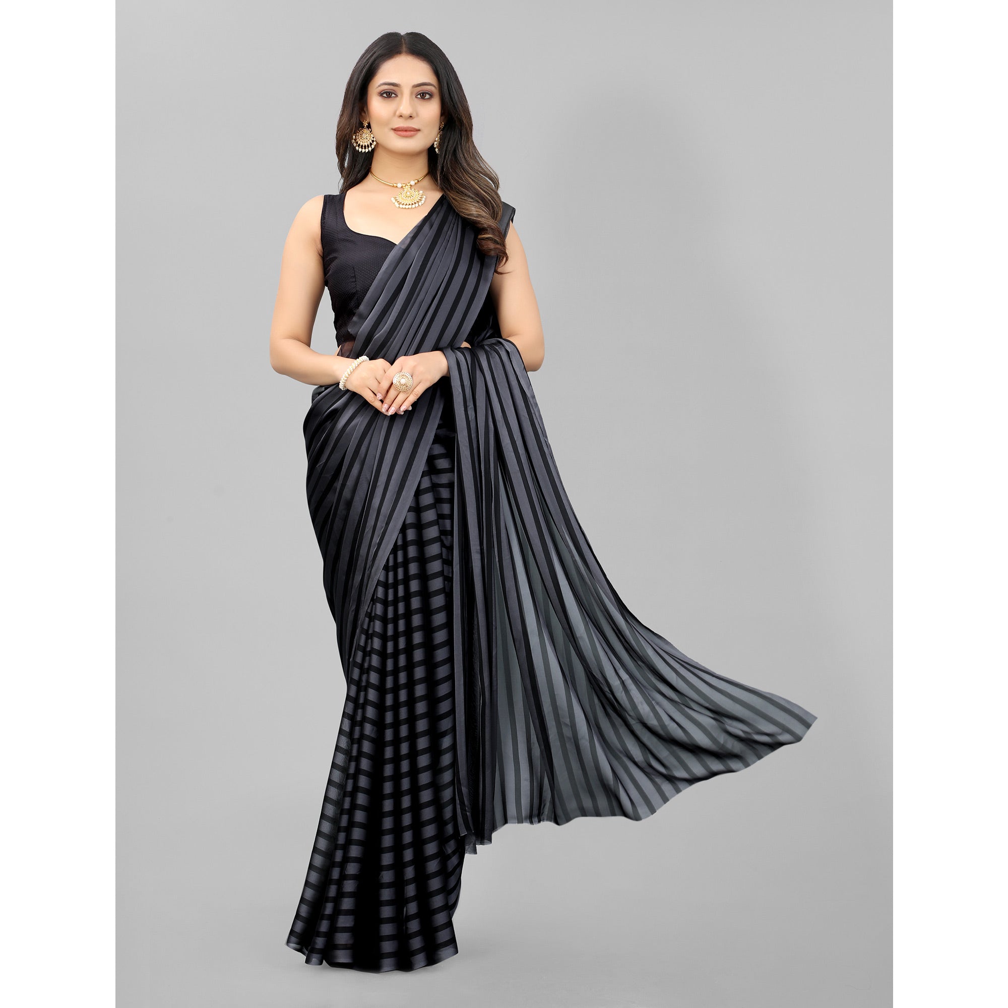 Grey Striped Printed Art Silk Saree