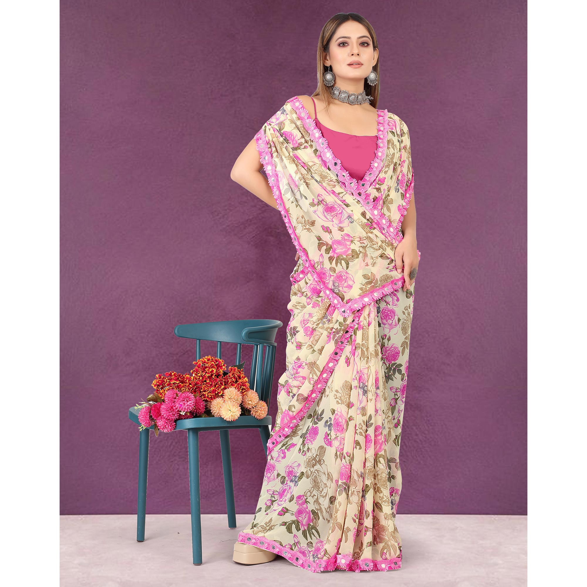 Beige Floral Printed Georgette Saree