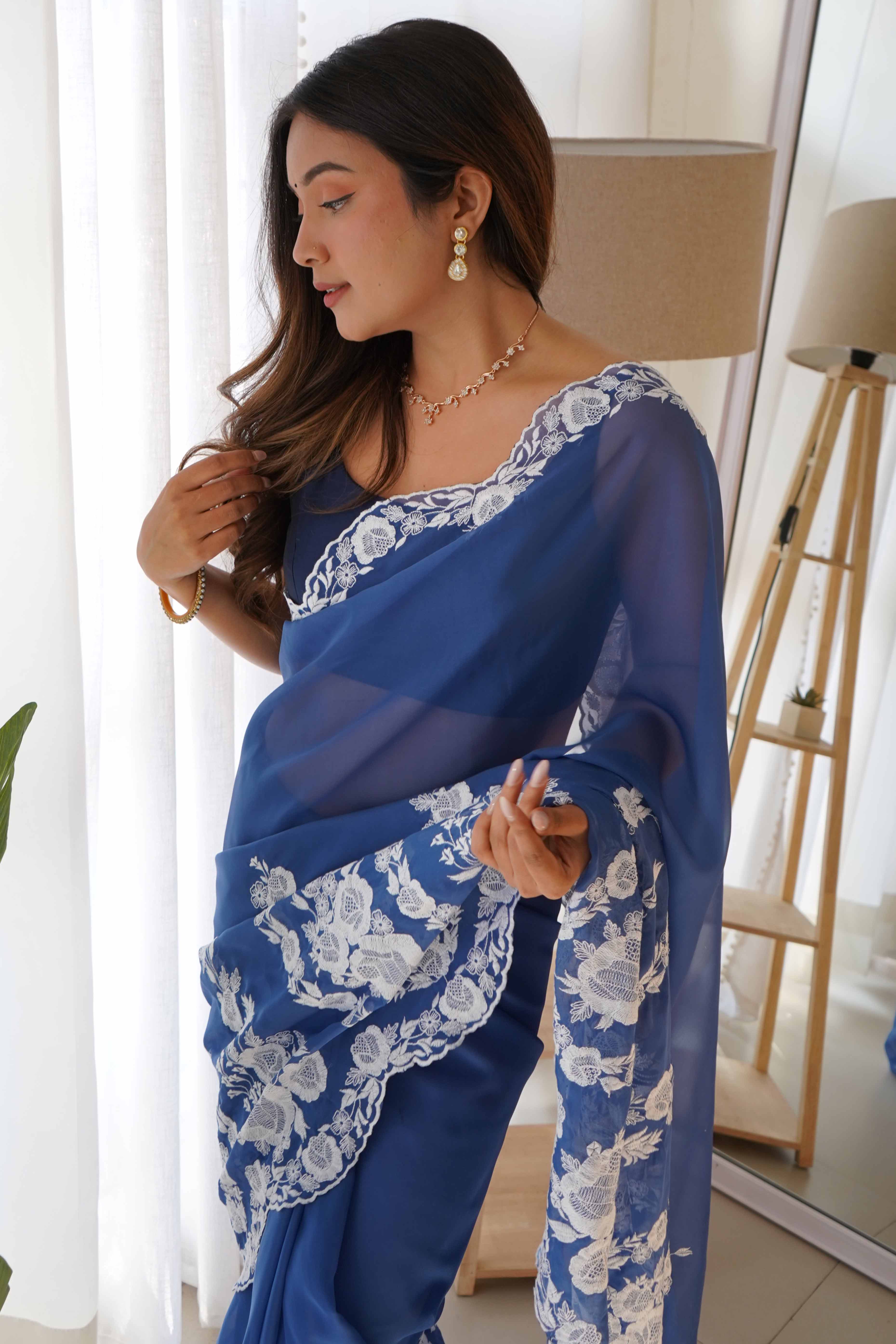 Blue Embroidered Georgette Saree Featuring Ornate Heavy Thread Work