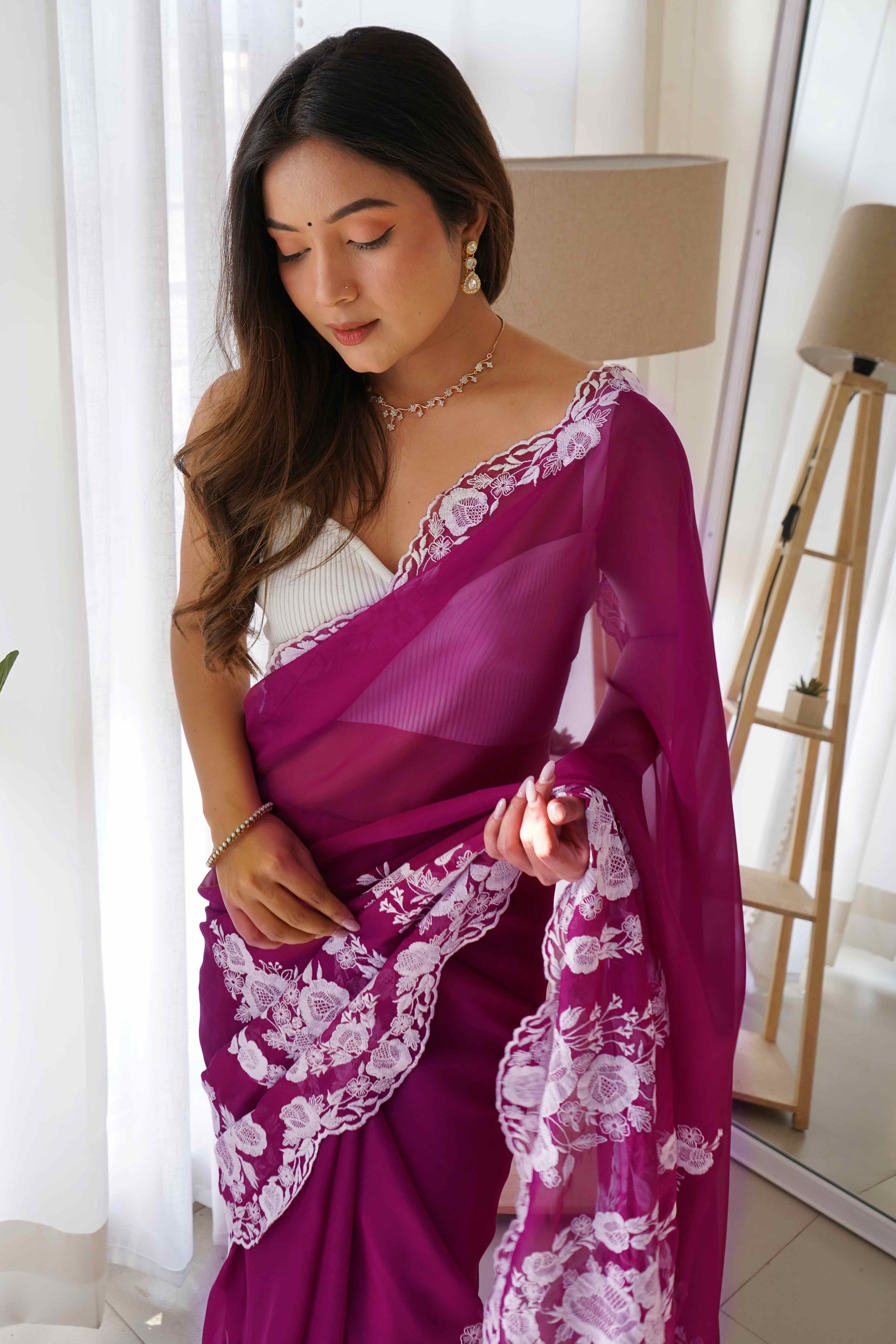 Wine Embroidered Georgette Saree Featuring Ornate Heavy Thread Work