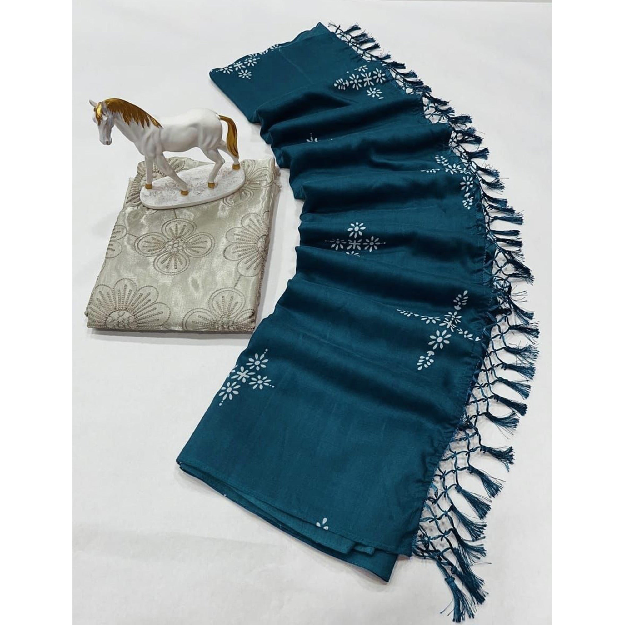 Teal Blue Floral Printed Muslin Saree With Tassels