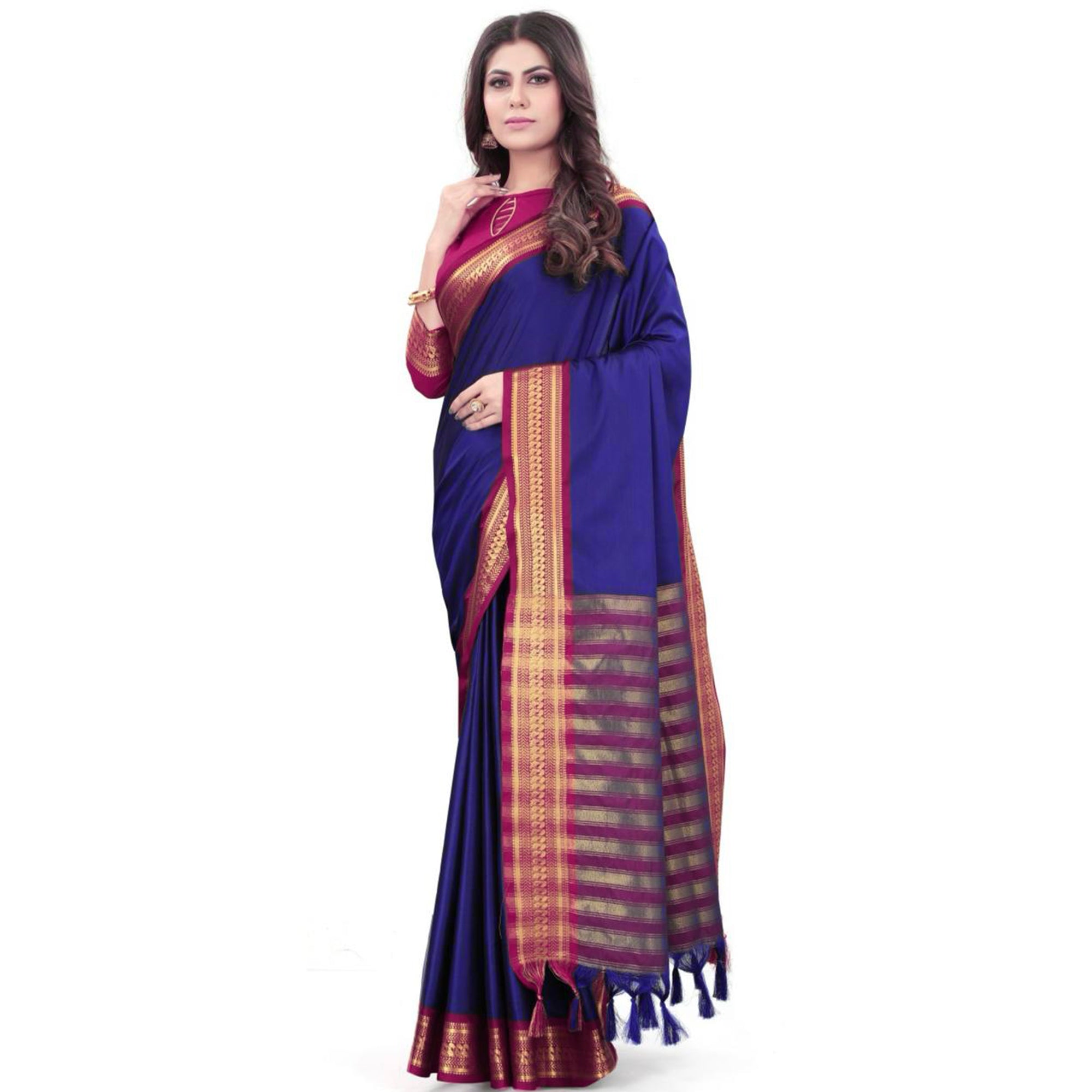 Blue Solid Cotton Silk Saree With Jacquard Border