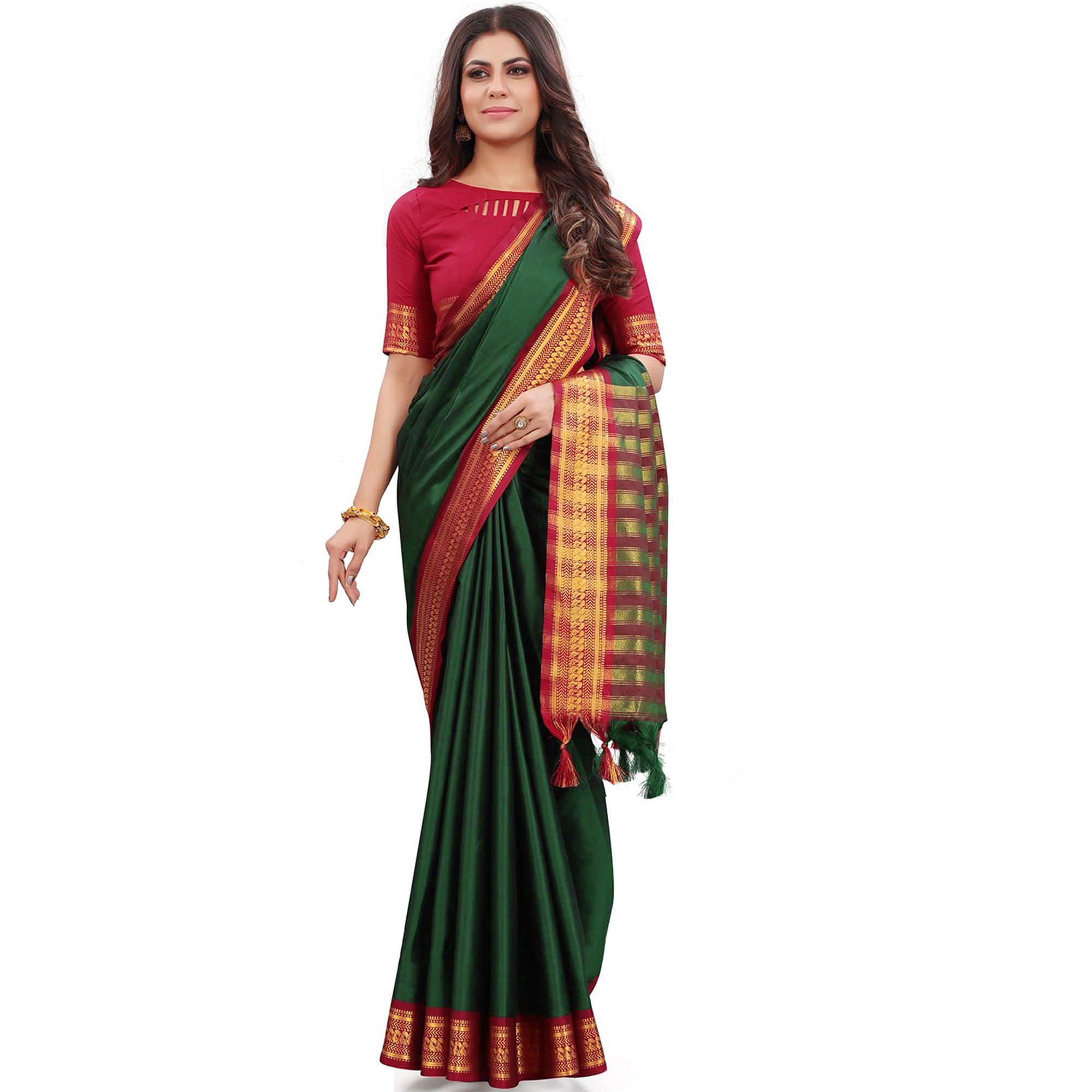 Bottle Green Solid Cotton Silk Saree With Jacquard Border