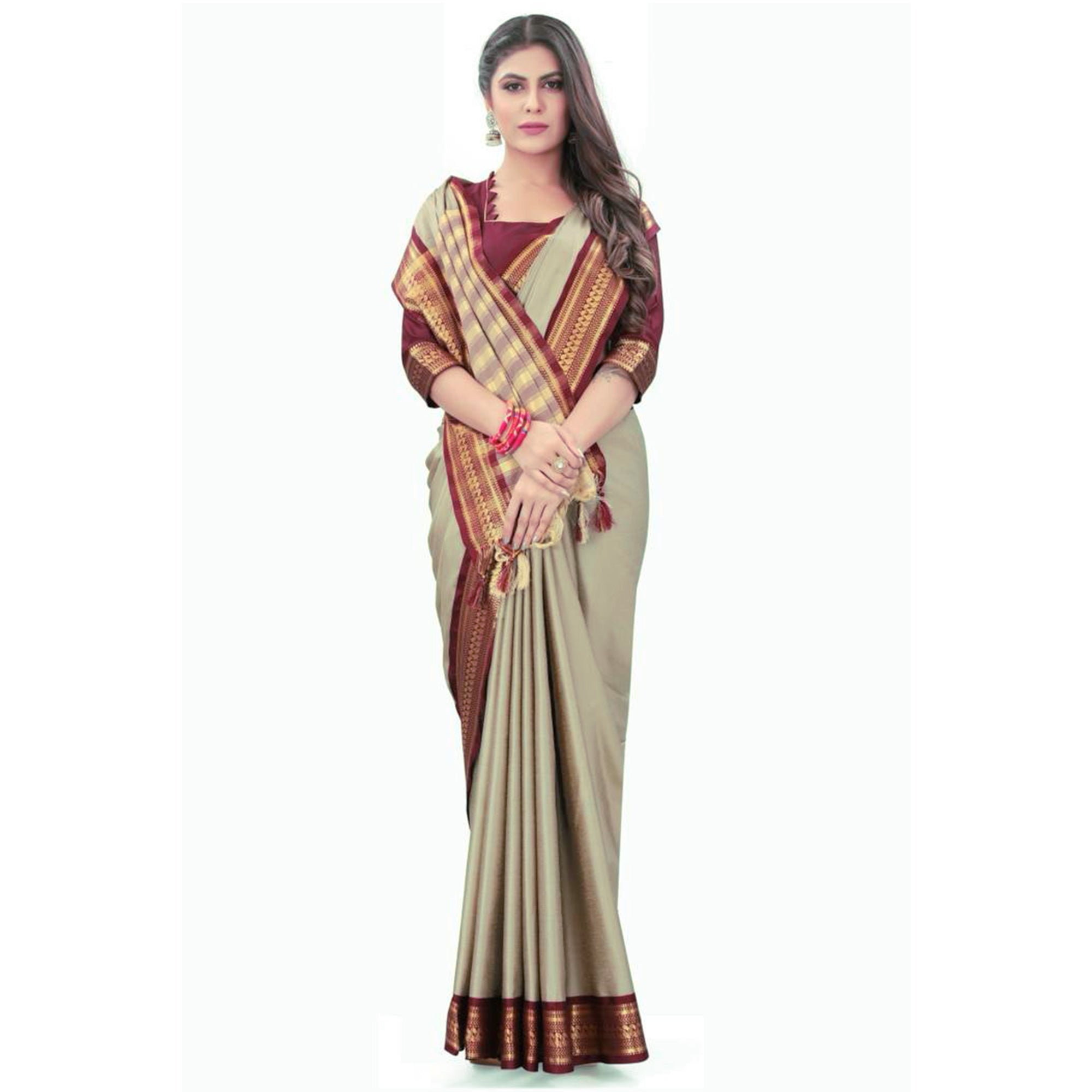 Chikoo Solid Cotton Silk Saree With Jacquard Border