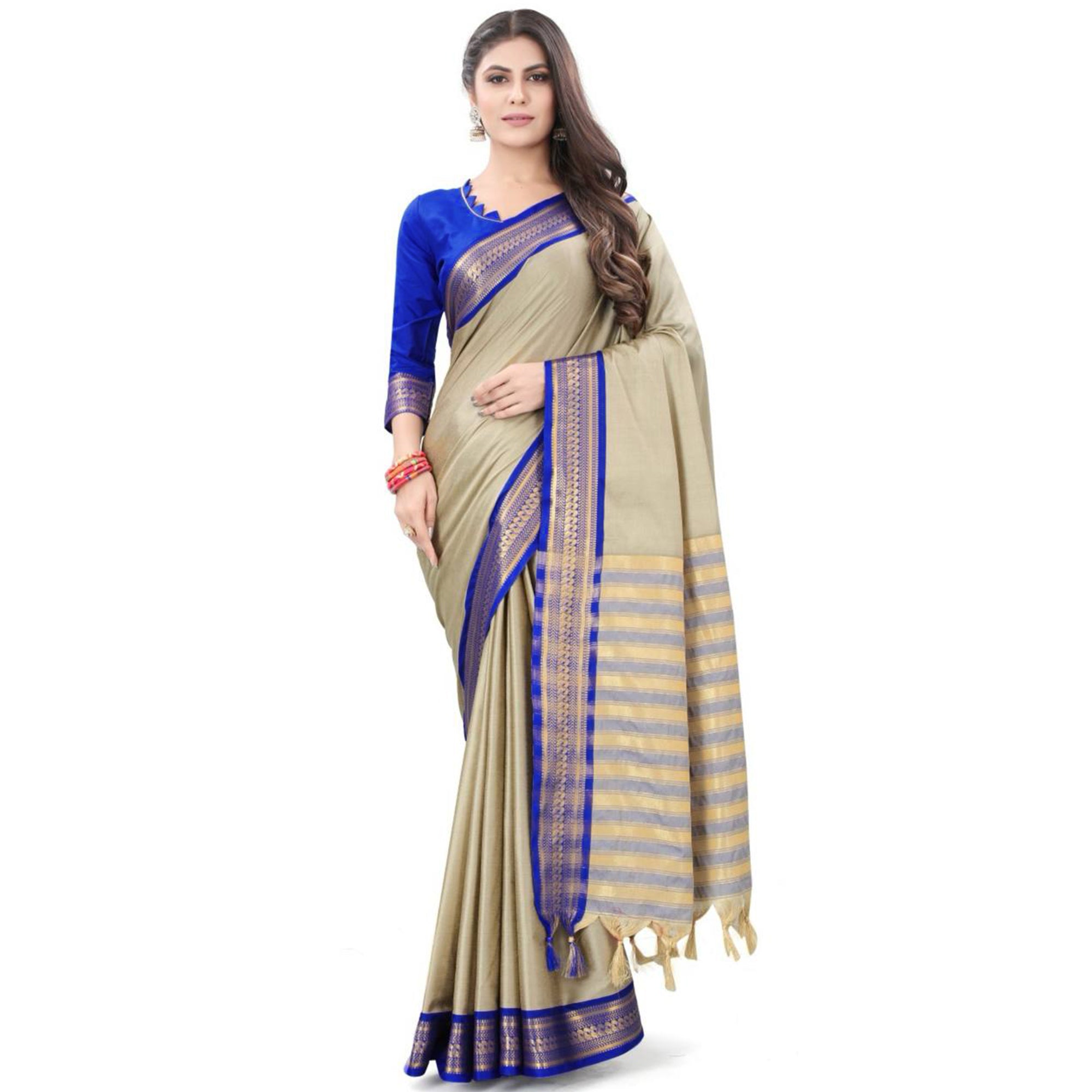 Chikoo & Blue Solid Cotton Silk Saree With Jacquard Border