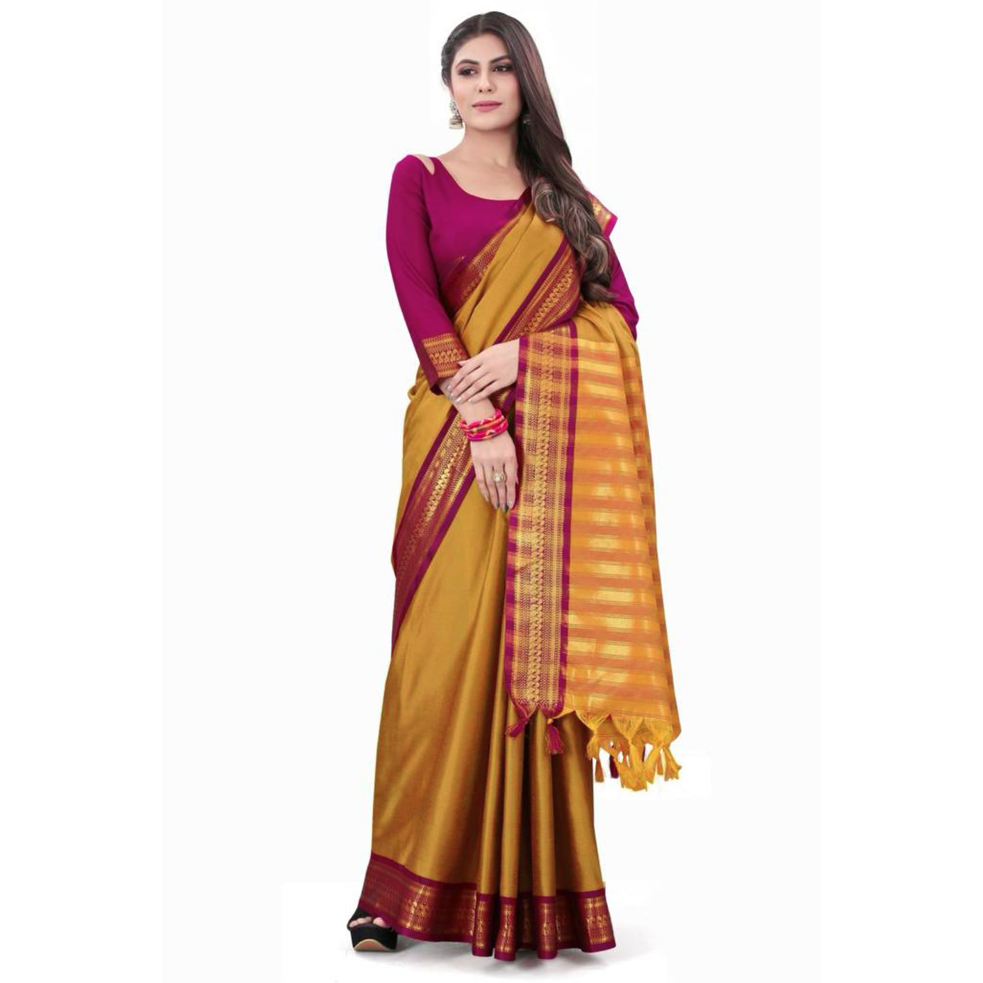 Mustard Solid Cotton Silk Saree With Jacquard Border