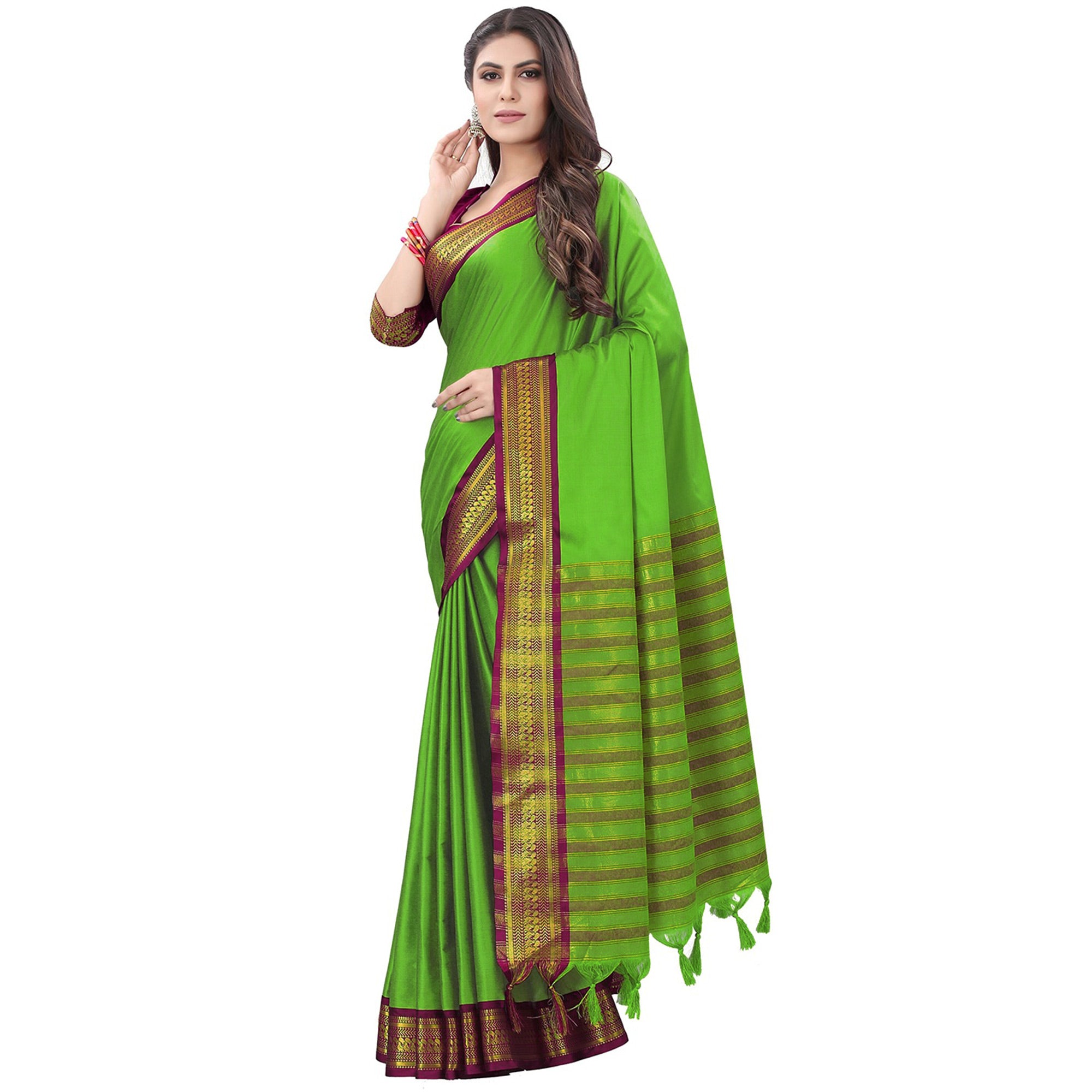 Parrot Green Solid Cotton Silk Saree With Jacquard Border