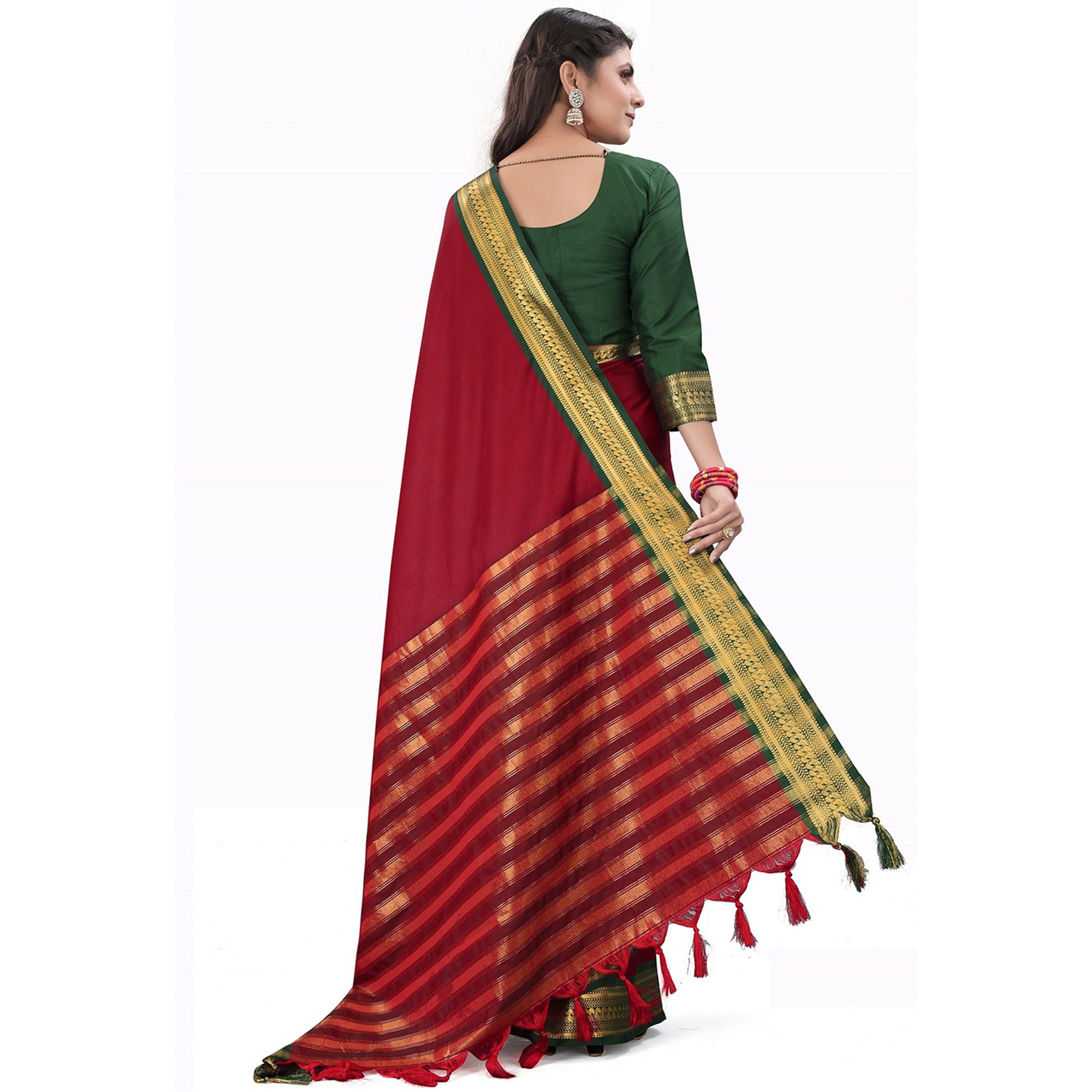 Red Solid Cotton Silk Saree With Jacquard Border