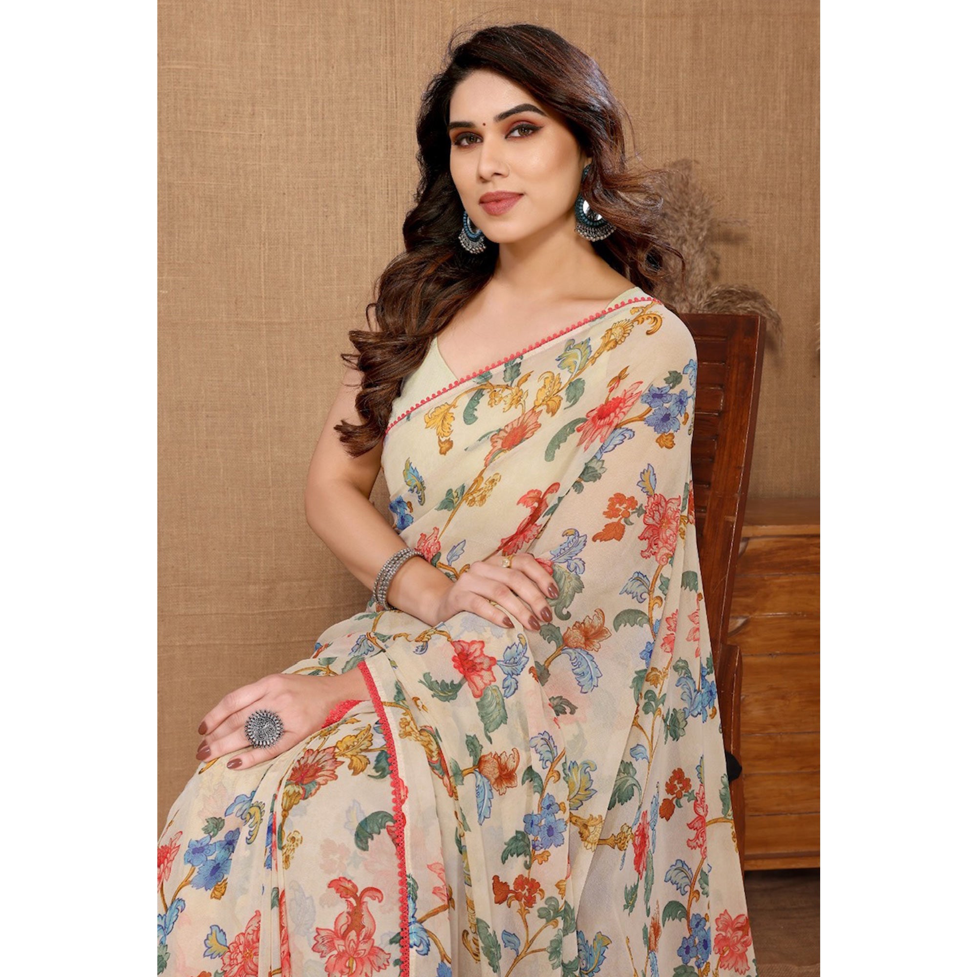 Beige Floral Printed Ready To Wear Georgette Saree