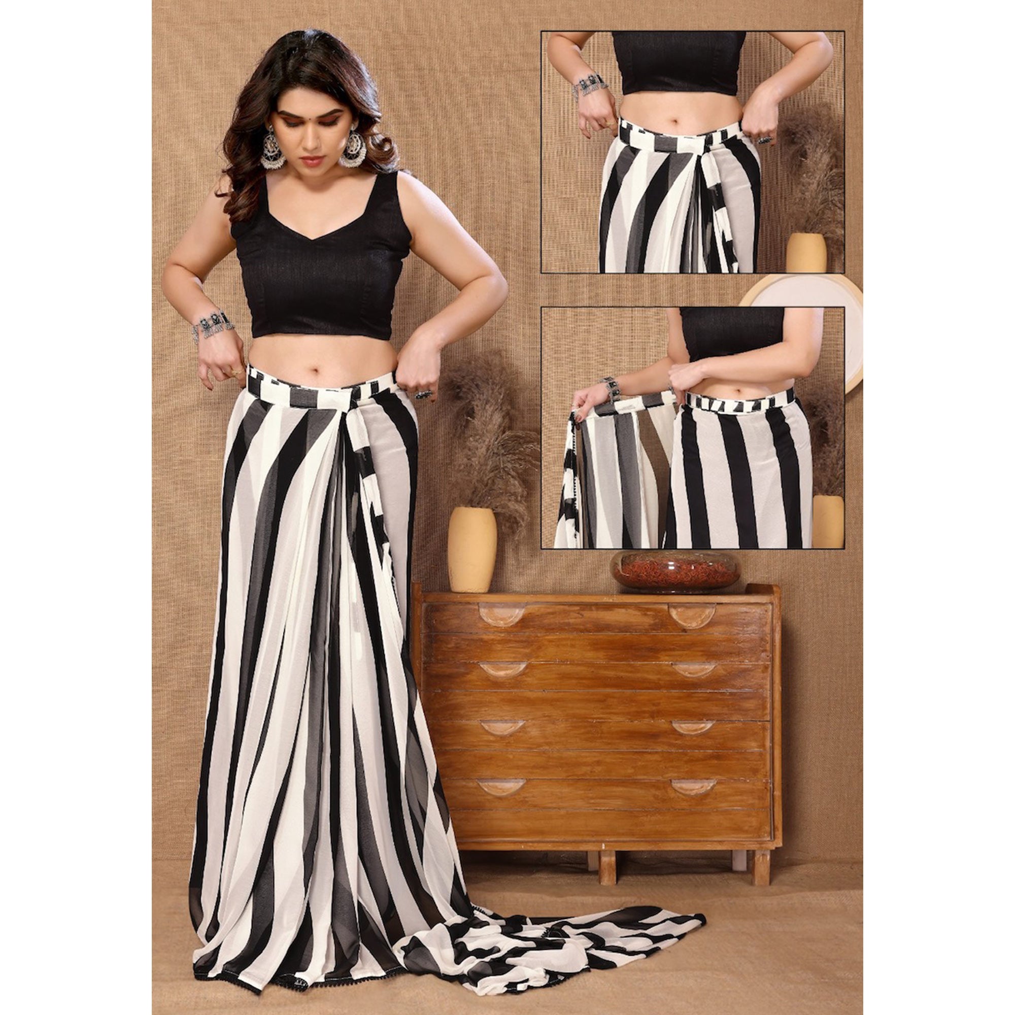 Black & White Striped Printed Ready To Wear Georgette Saree