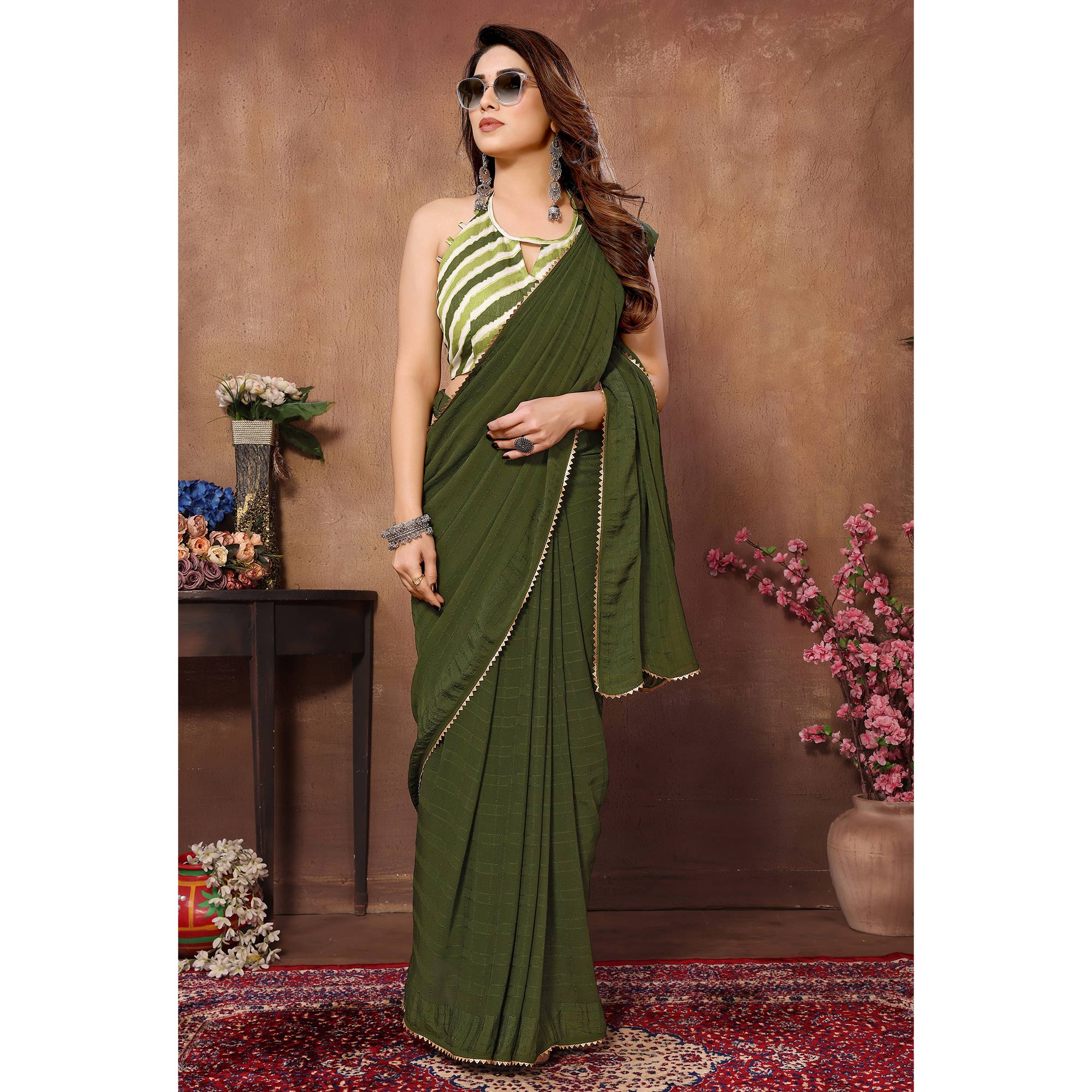 Green Woven Checks Ready To Wear Georgette Saree