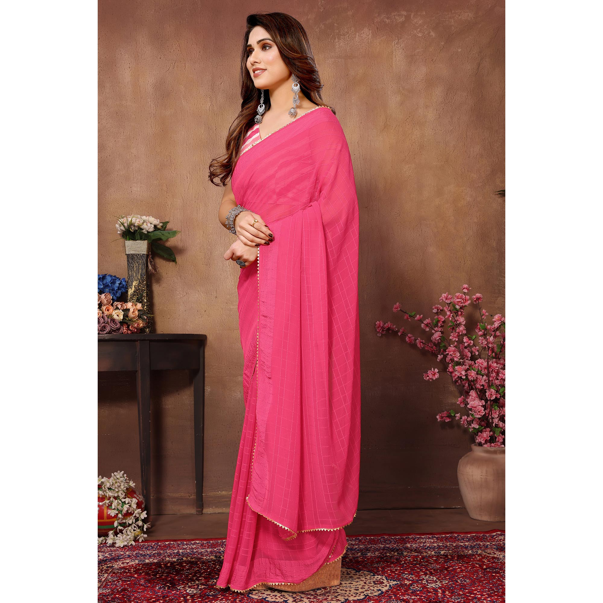 Pink Woven Checks Ready To Wear Georgette Saree