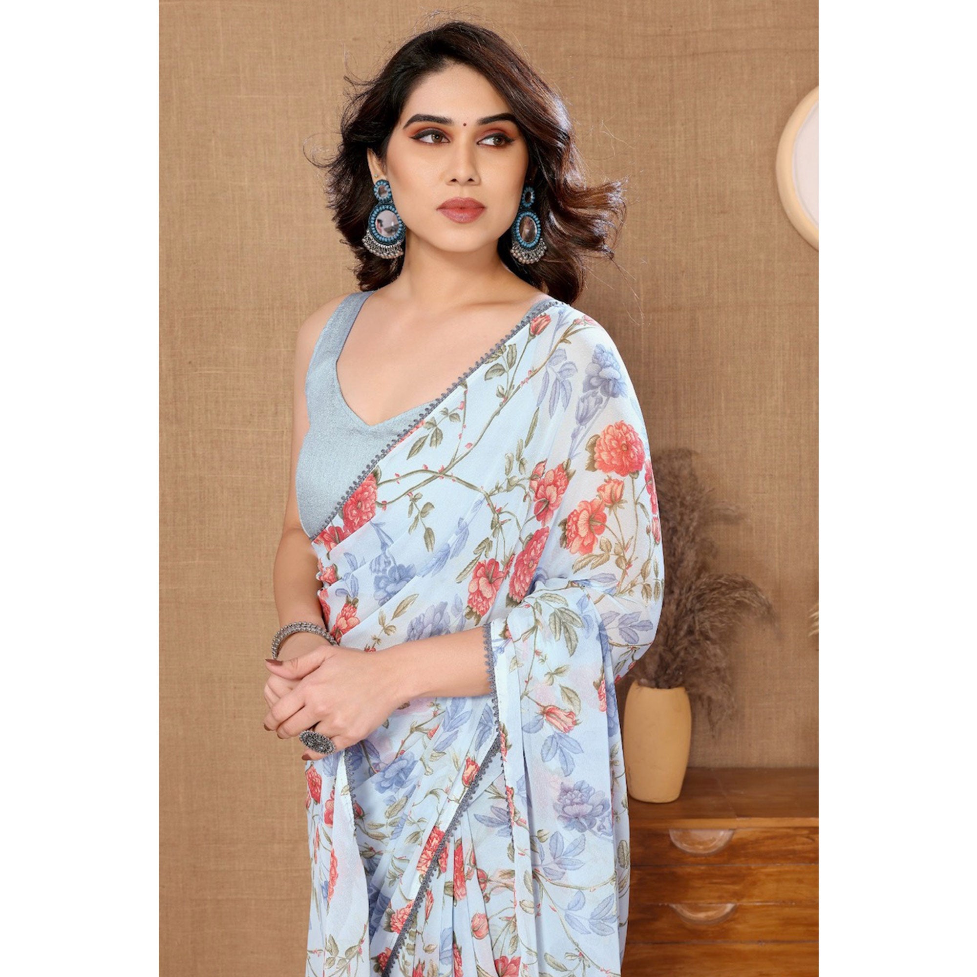 Light Blue Floral Printed Ready To Wear Georgette Saree