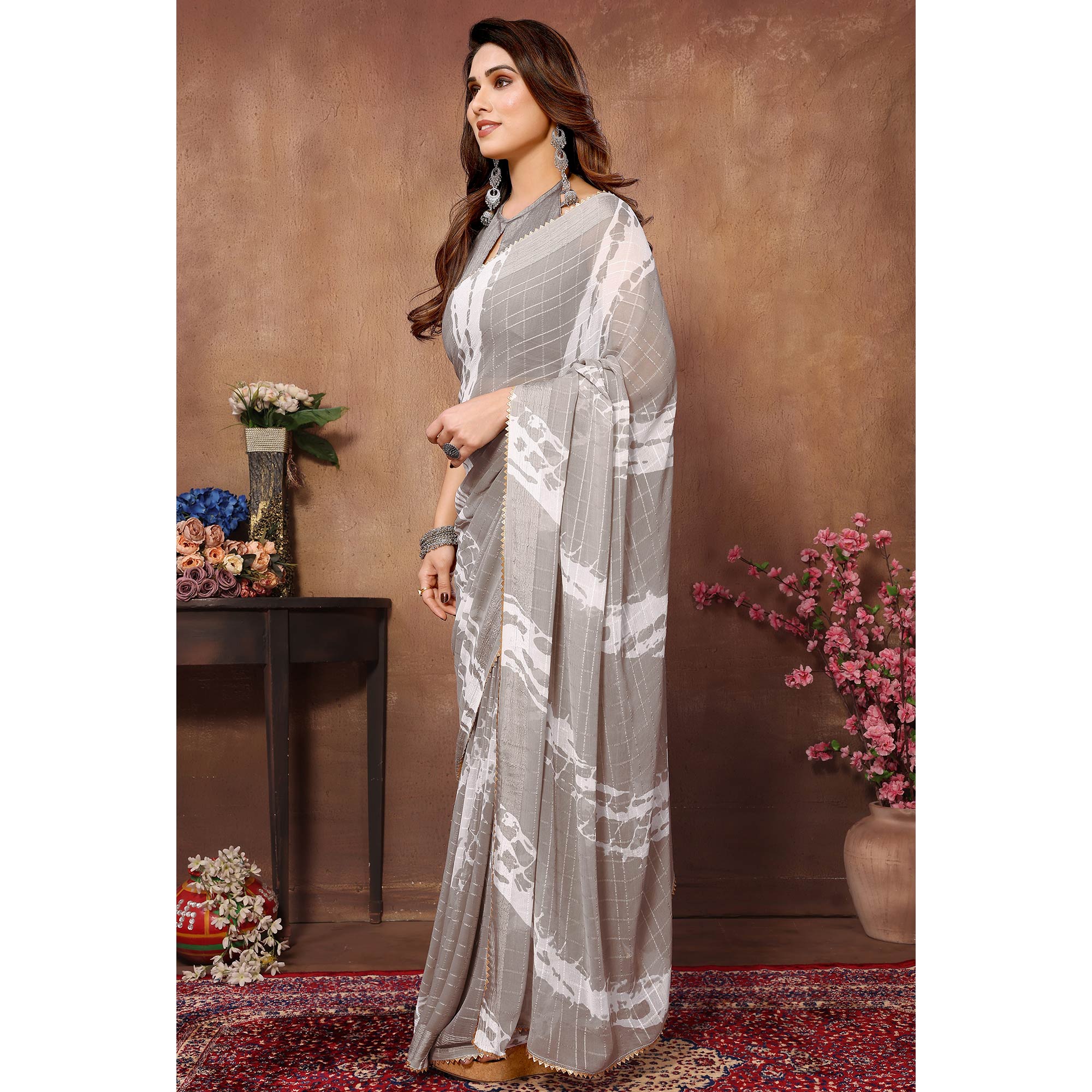 Light Grey Woven With Printed Ready To Wear Georgette Saree