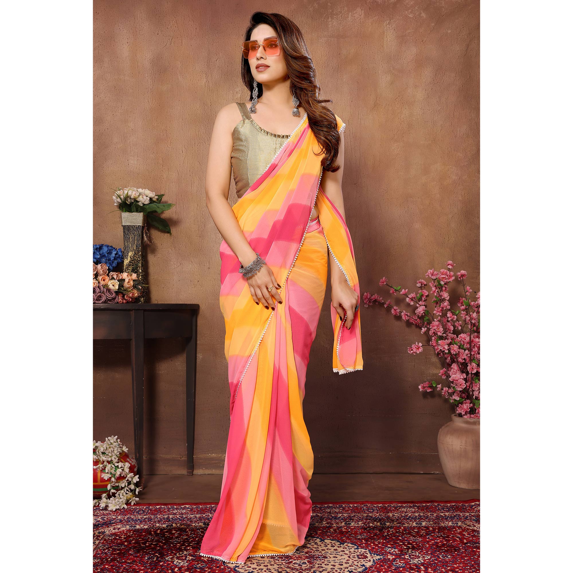 Yellow & Pink Printed Ready To Wear Georgette Saree