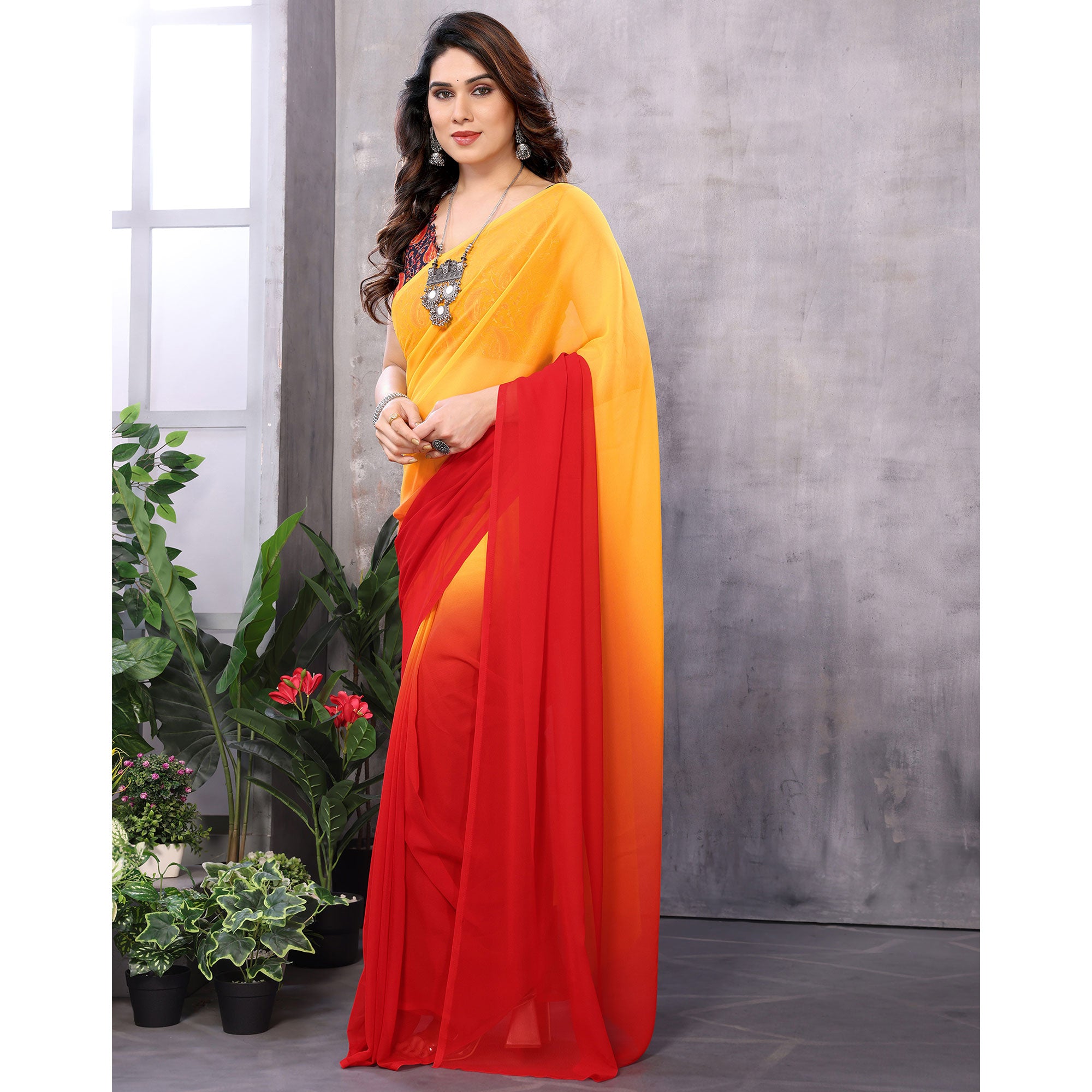 Red & Orange Ombre Printed Georgette Ready To Wear Saree