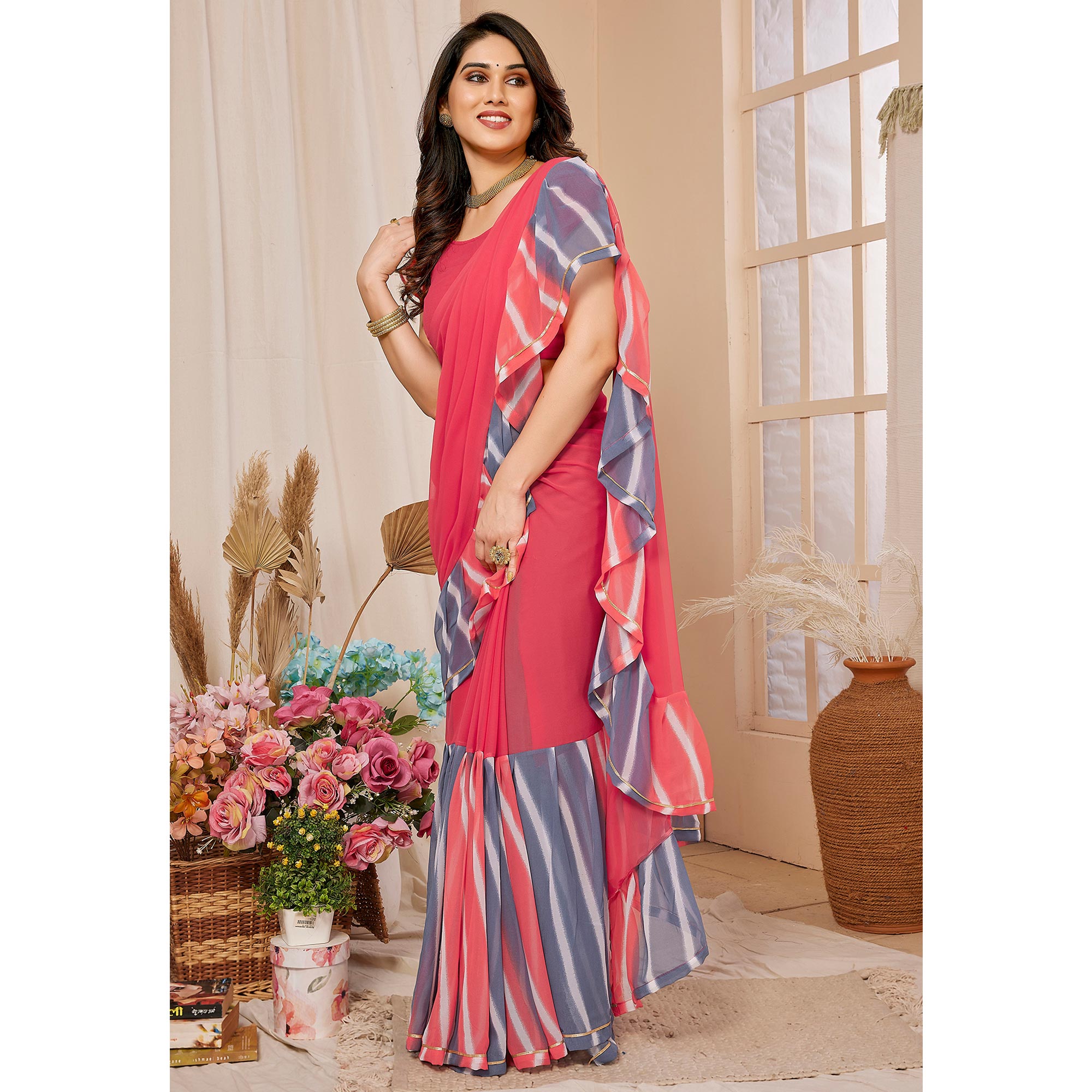 Pink Solid Georgette Saree With Printed Ruffle Border