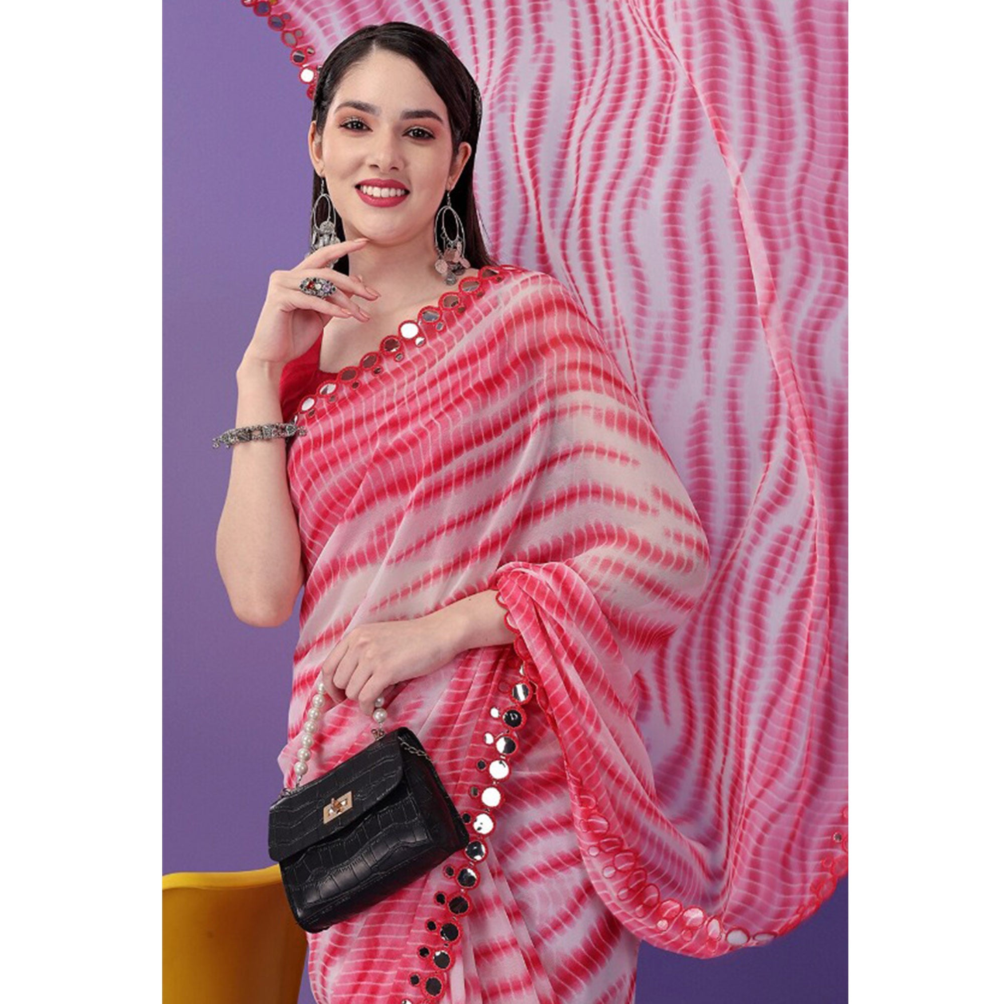 Pink Printed With Embroidered Border Georgette Saree