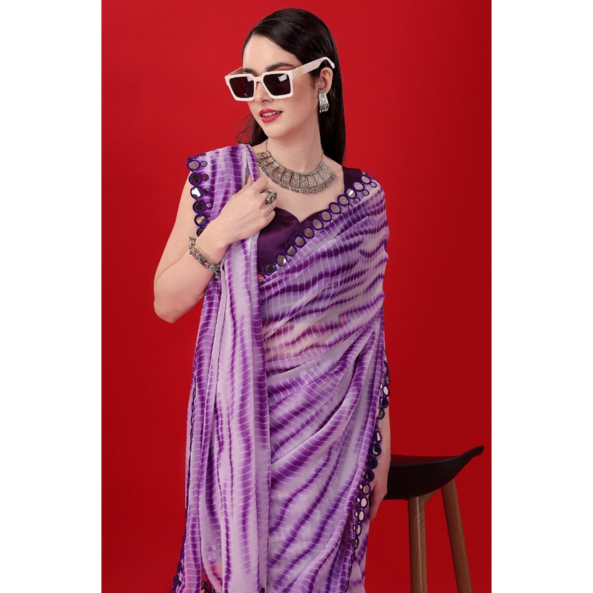 Purple Printed With Embroidered Border Georgette Saree