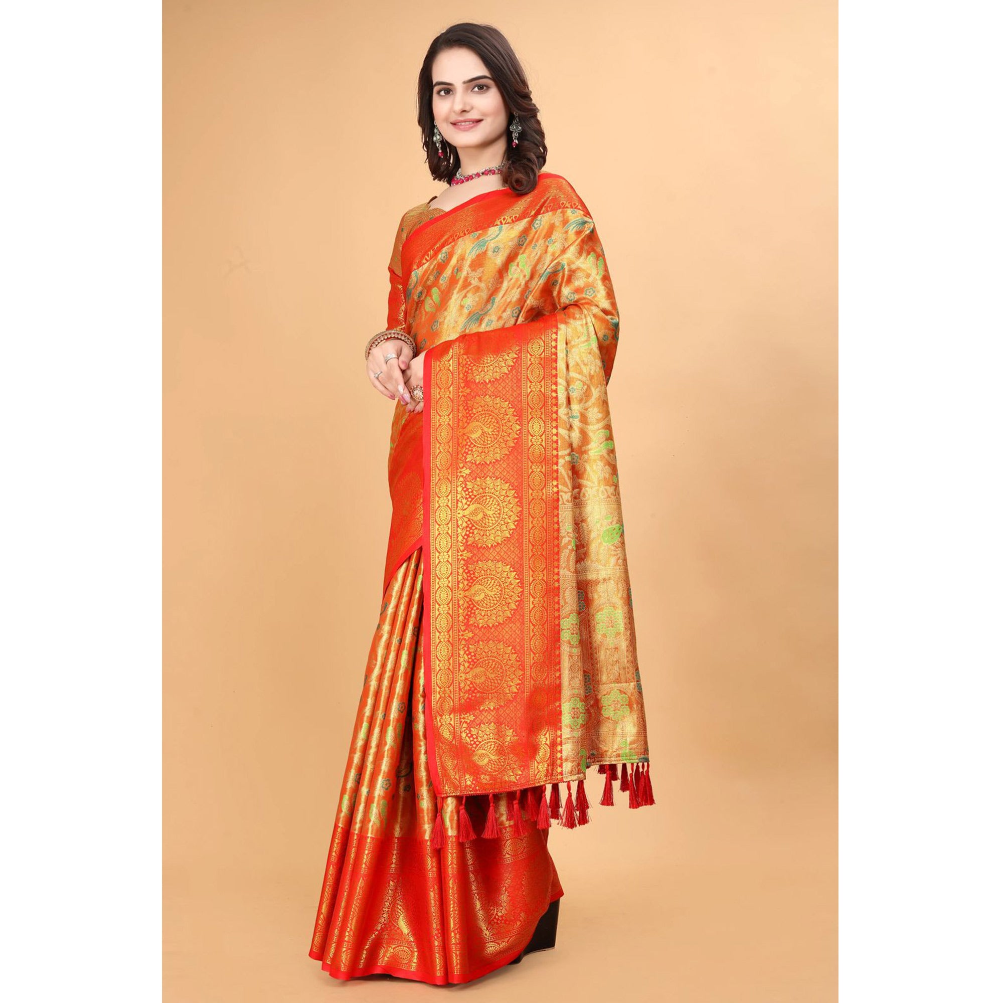 Orange & Red Floral Woven Tissue Silk Saree With Tassels