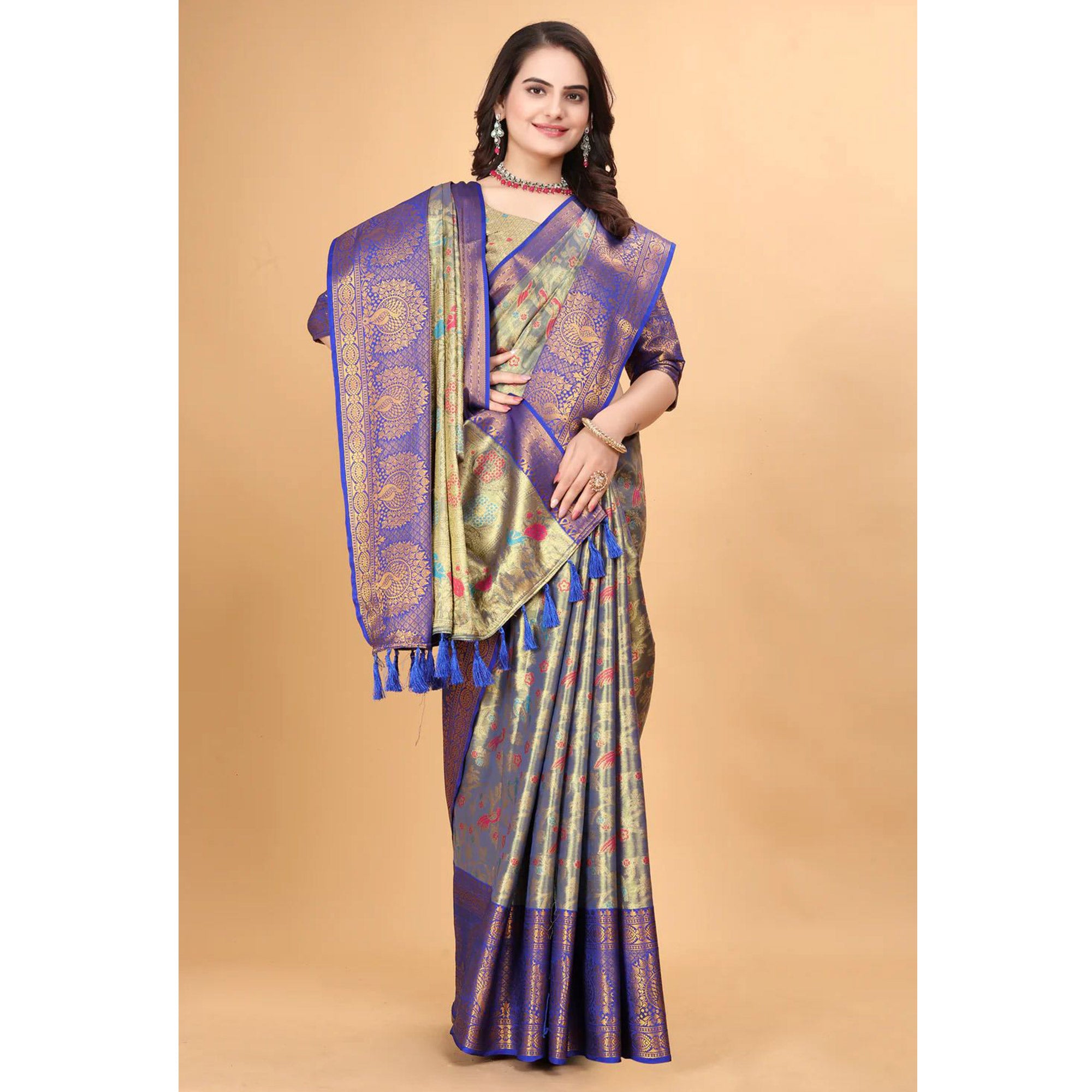 Royal Blue Floral Woven Tissue Silk Saree With Tassels