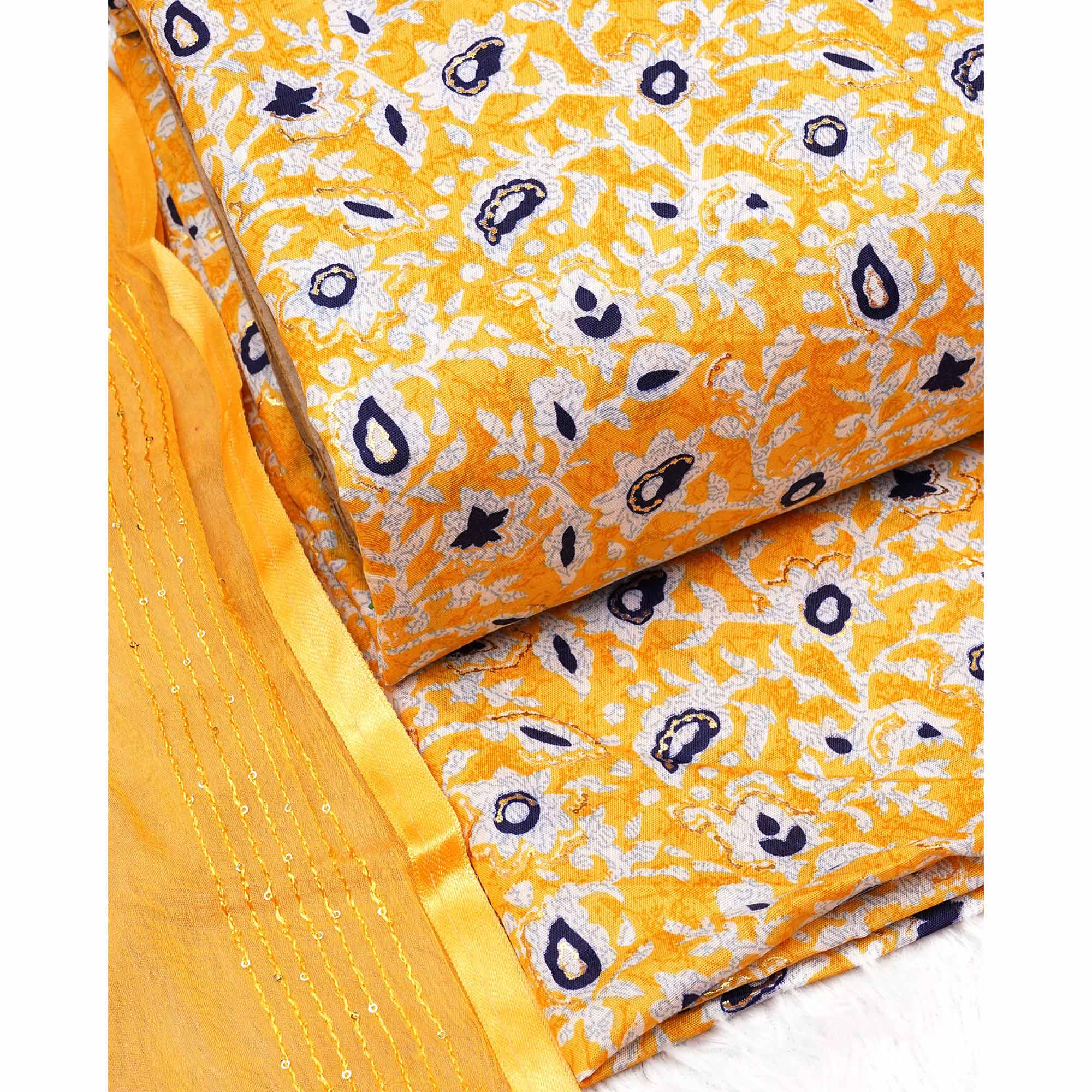 Yellow Foil Printed Cotton Blend Dress Material