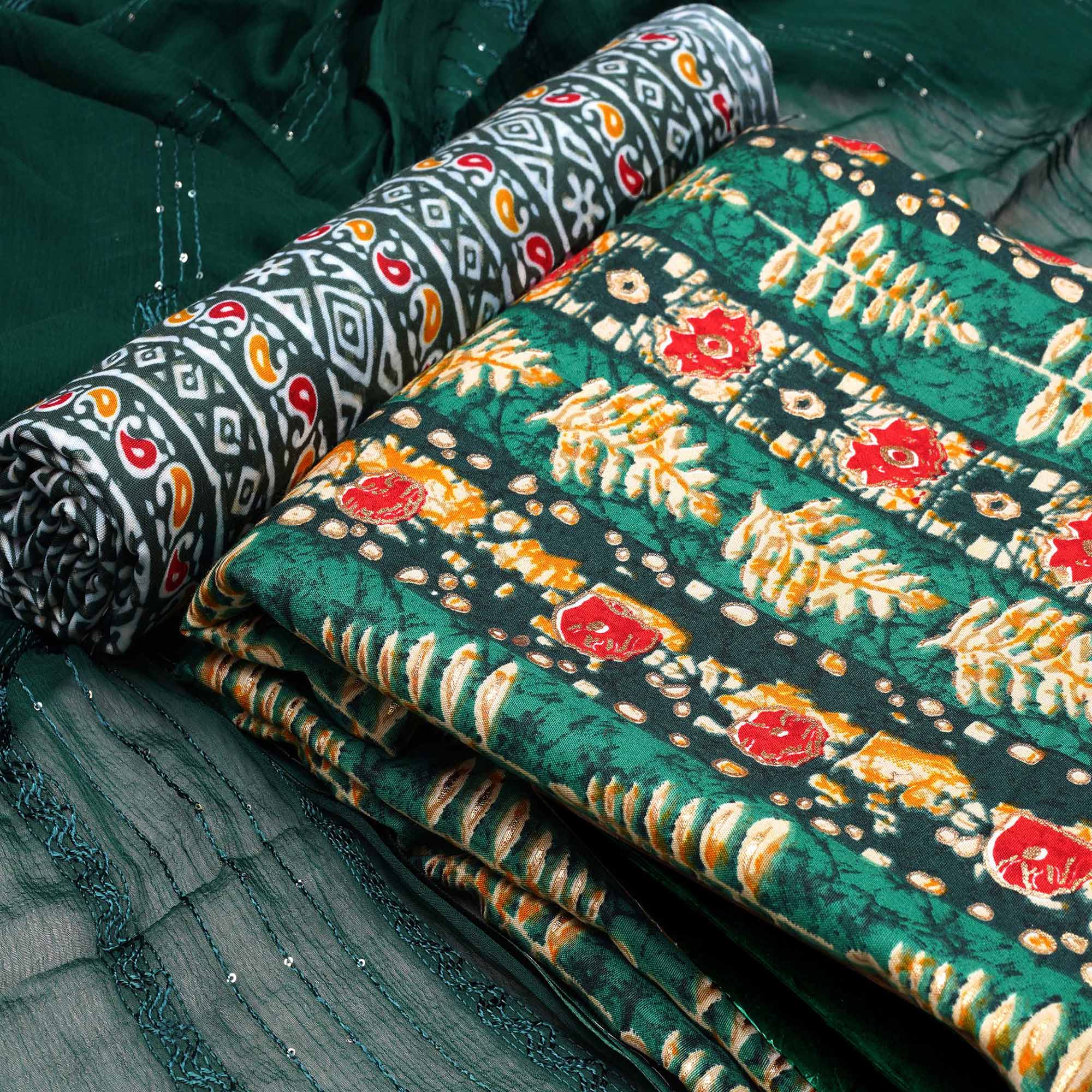 Green Foil Printed Cotton Blend Dress Material