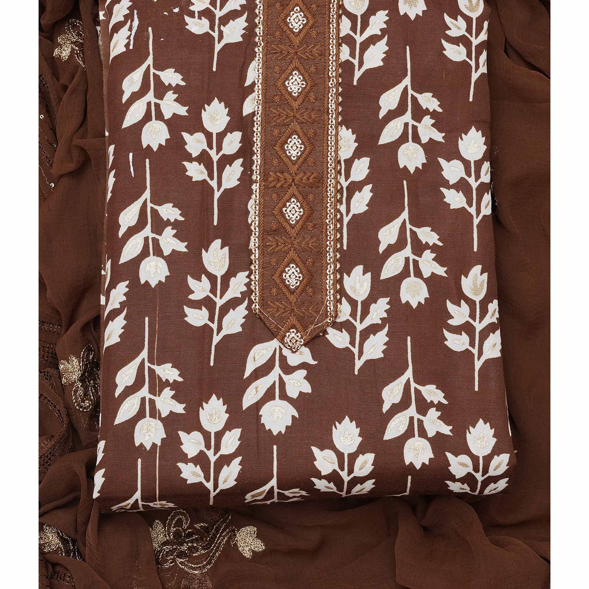 Brown Foil Printed Cotton Blend Dress Material