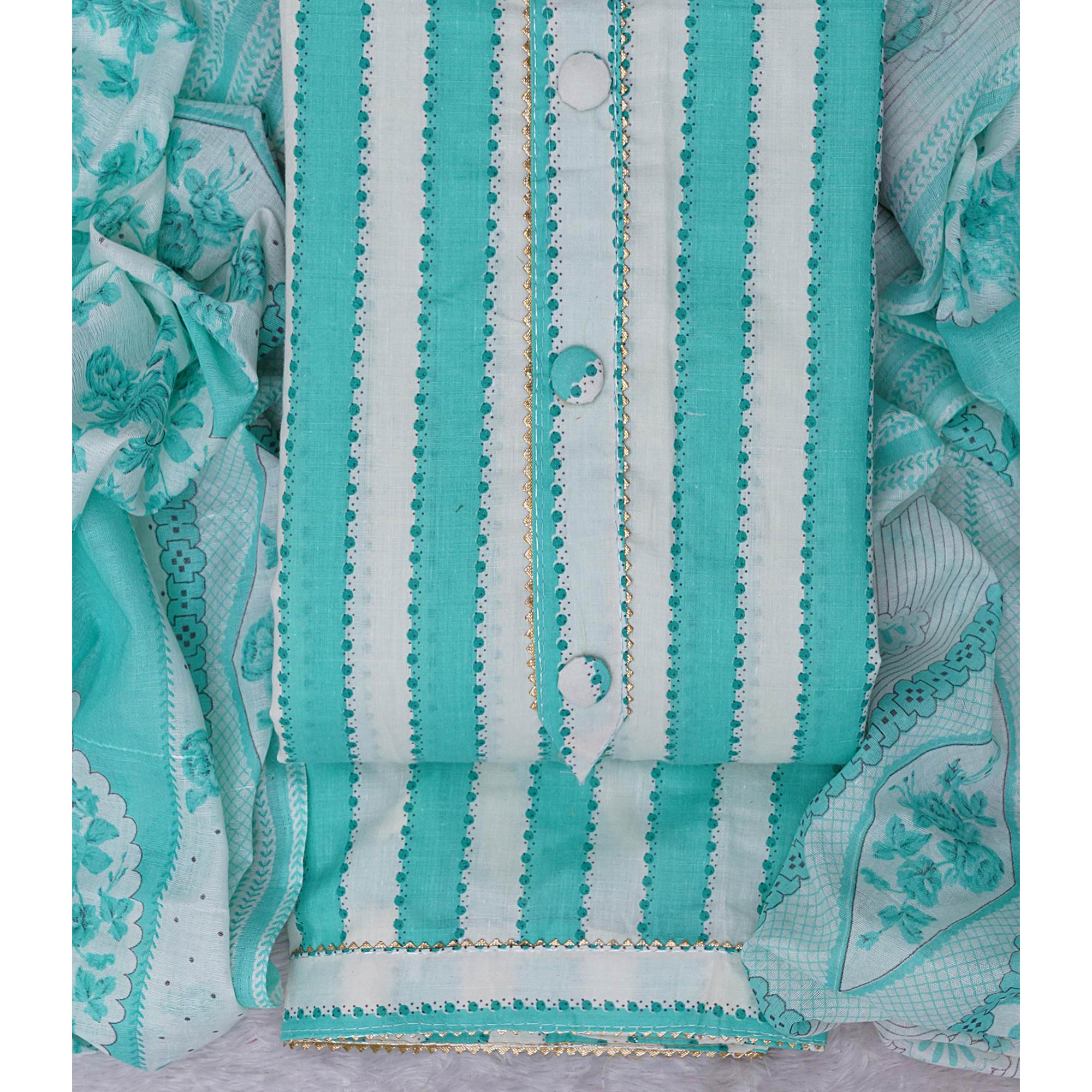 Turquoise Printed With Gota Patti Work Cotton Blend Dress Material