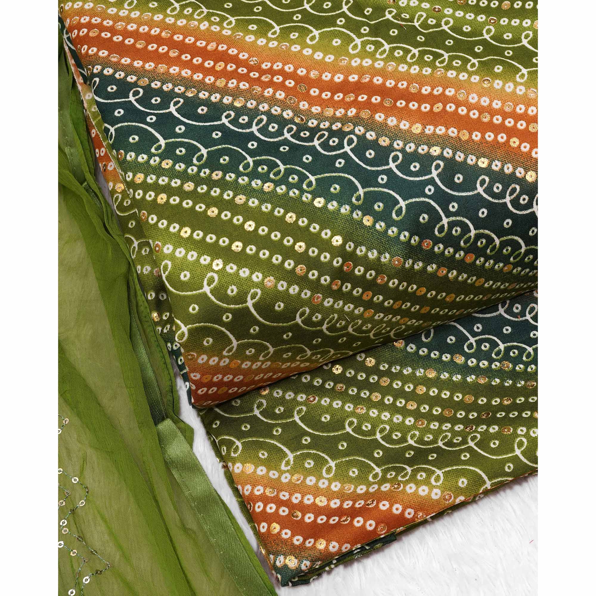 Green Bandhani Foil Printed Dress Material