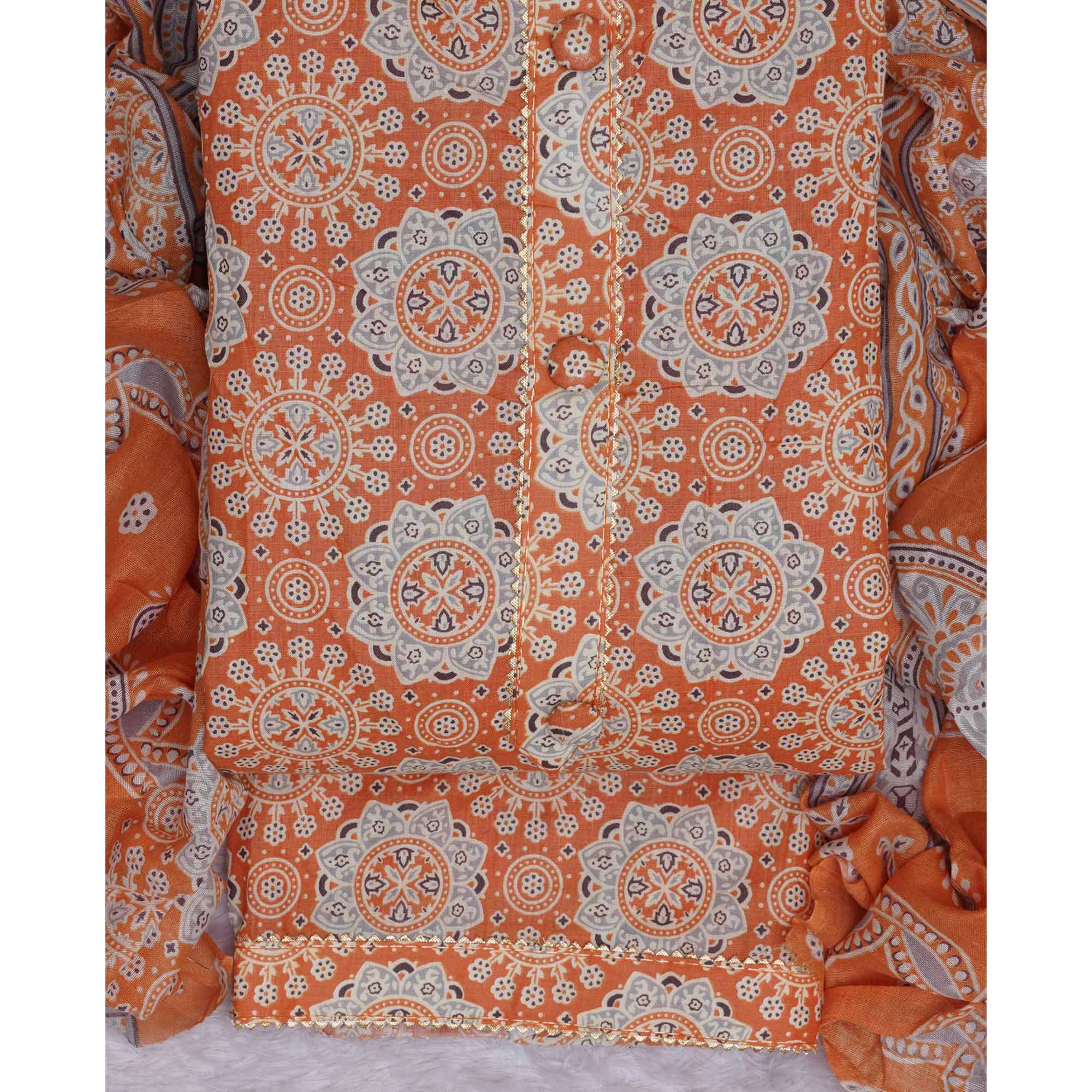 Orange Floral Printed Cotton Blend Dress Material