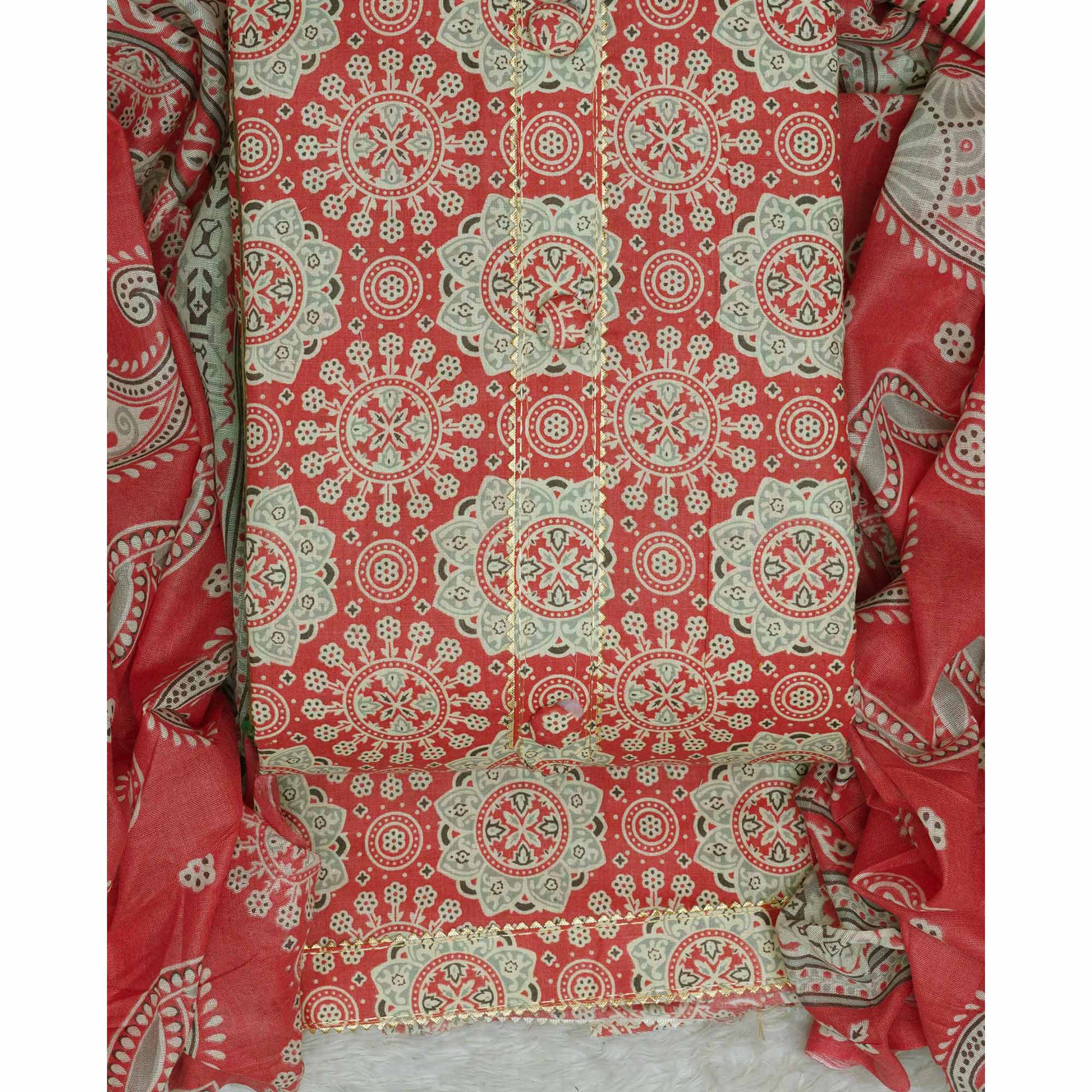 Red Floral Printed Cotton Blend Dress Material