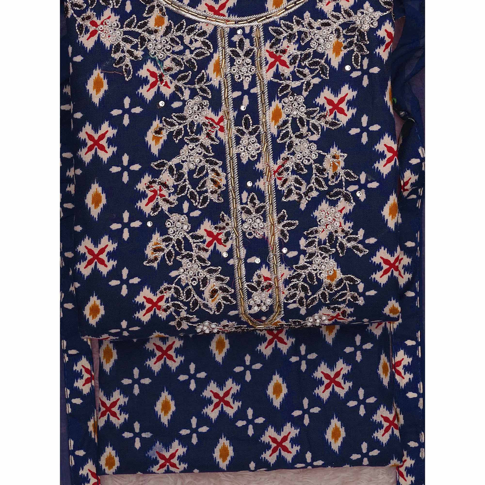 Blue Printed With Embroidered Cotton Blend Dress Material