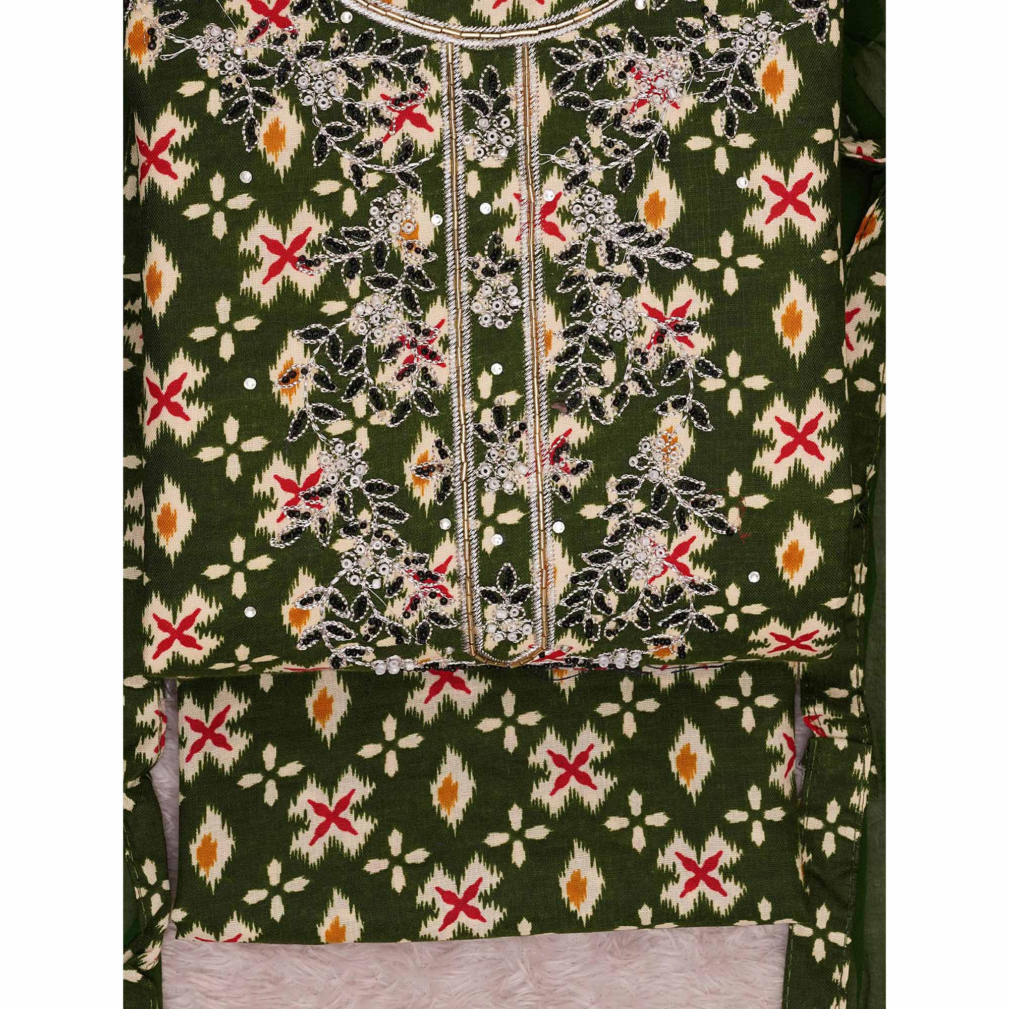 Green Printed With Embroidered Cotton Blend Dress Material