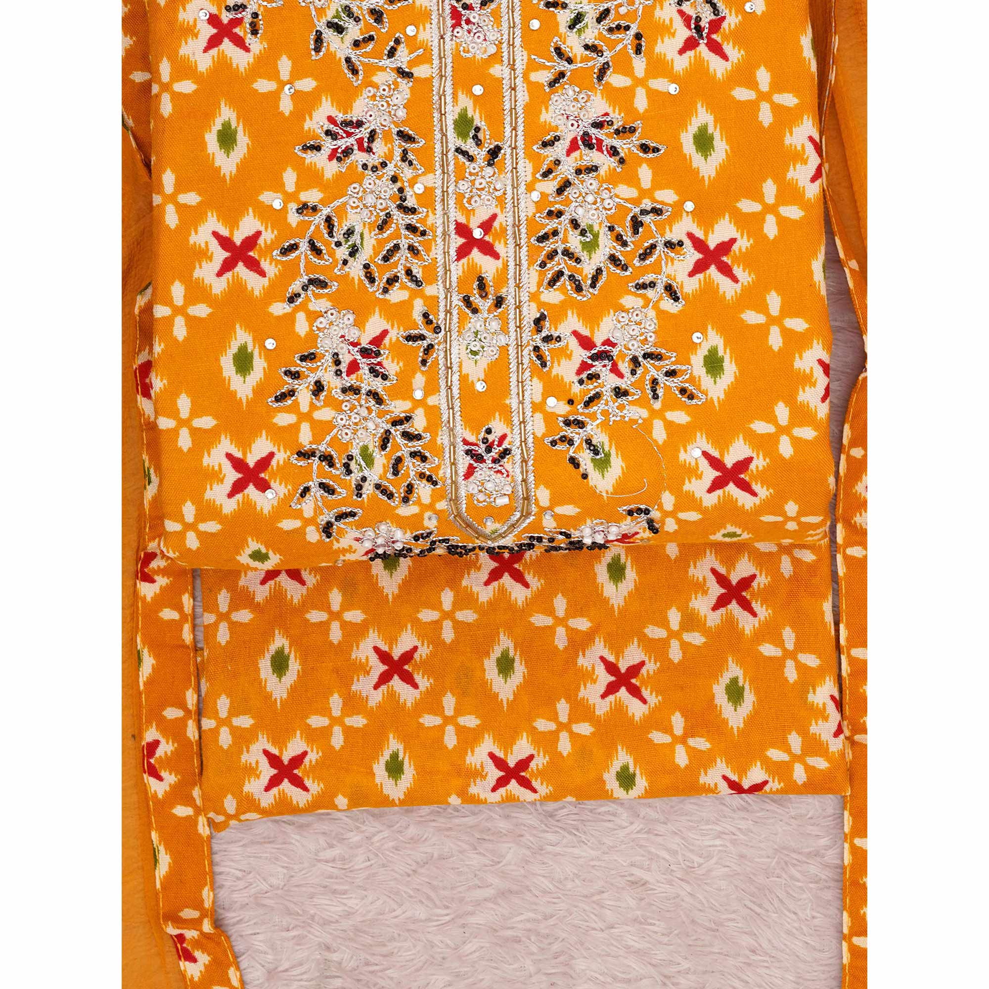 Yellow Printed With Embroidered Cotton Blend Dress Material