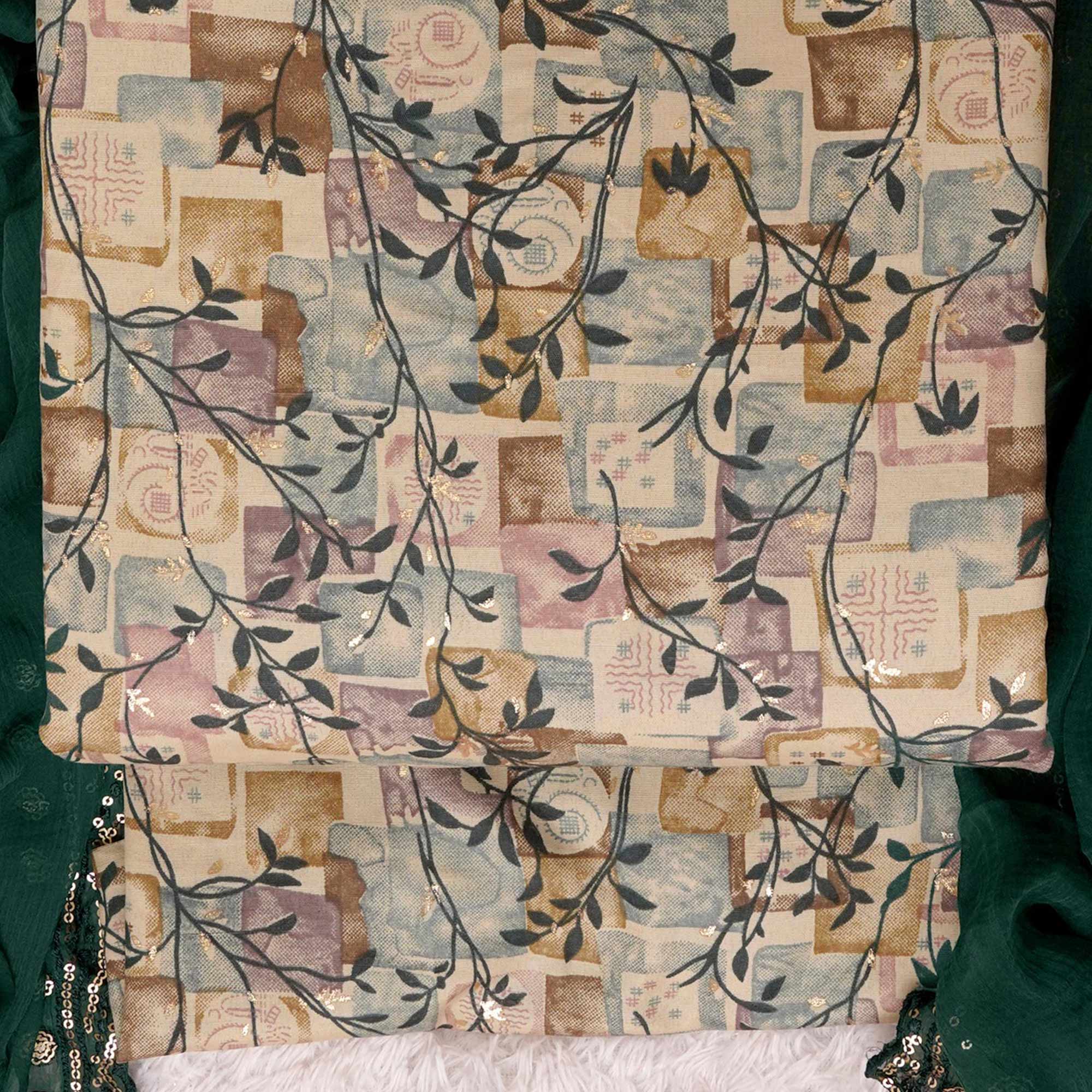 Chikoo & Green Foil Printed Cotton Blend Dress Material