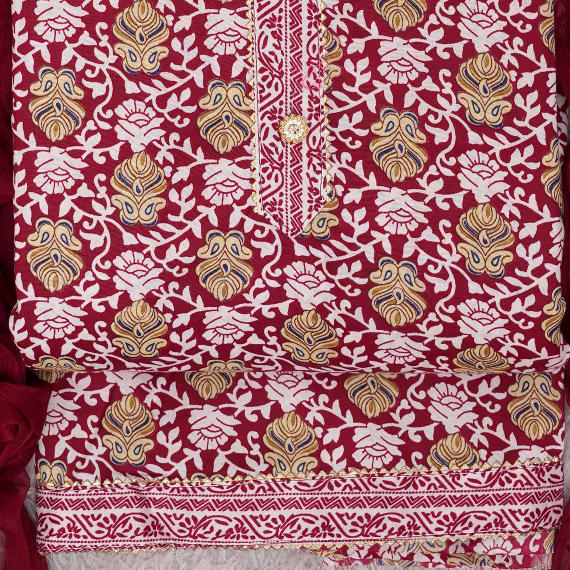 Maroon Foil Printed Cotton Blend Dress Material