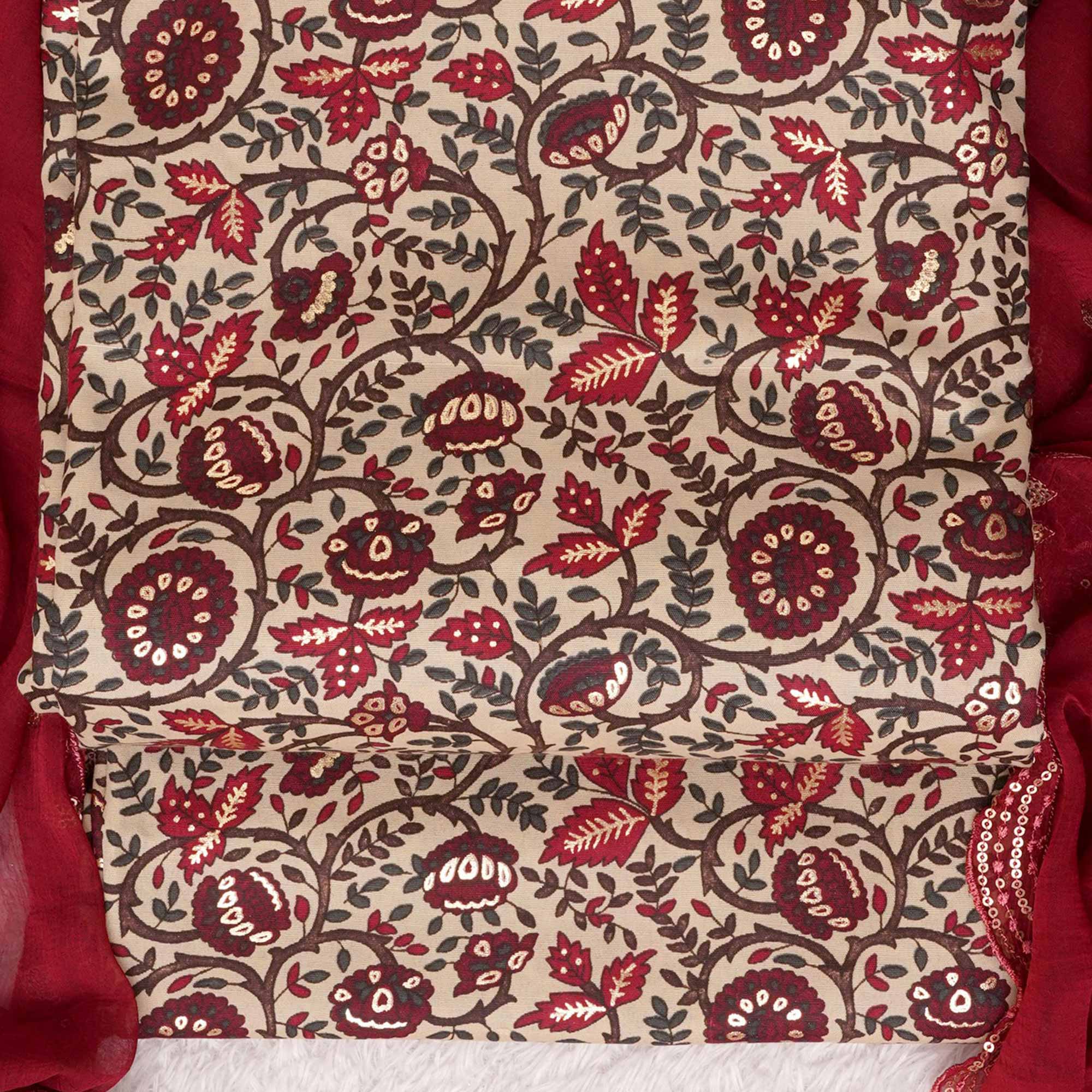 Maroon Foil Printed Cotton Blend Dress Material