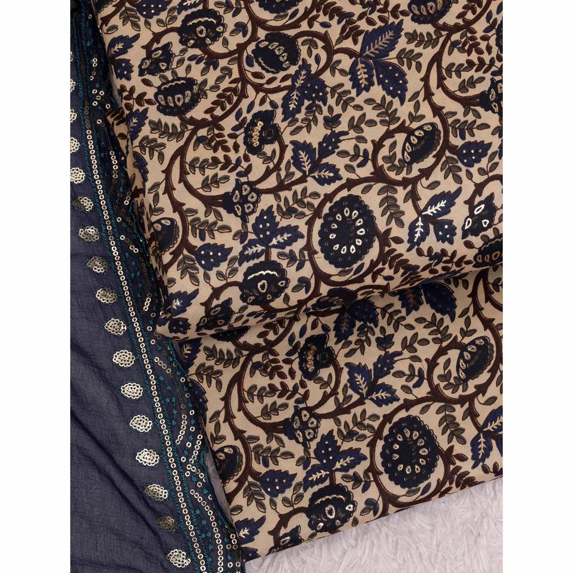 Navy Blue Foil Printed Cotton Blend Dress Material