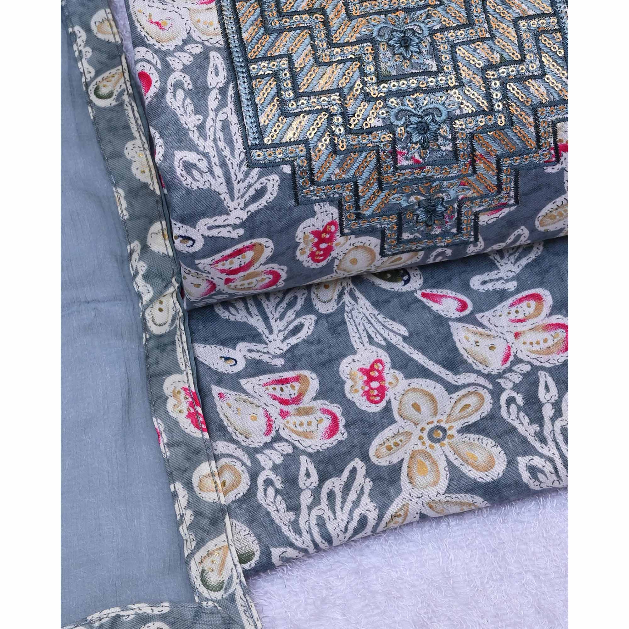 Grey Foil Printed With Sequins Embroidery Cotton Blend Dress Material