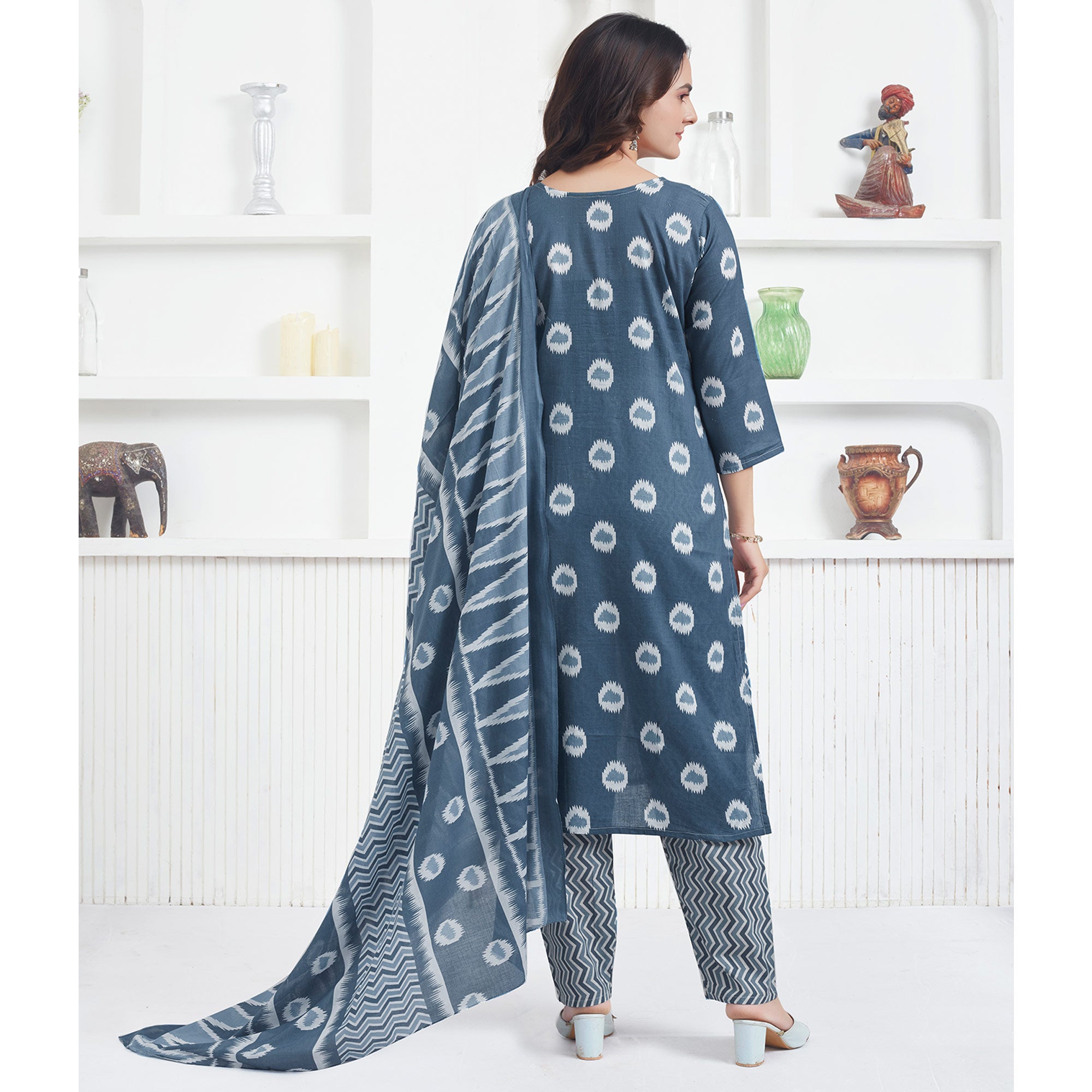 Grey Printed Pure Cotton Salwar Suit With Mirror Work