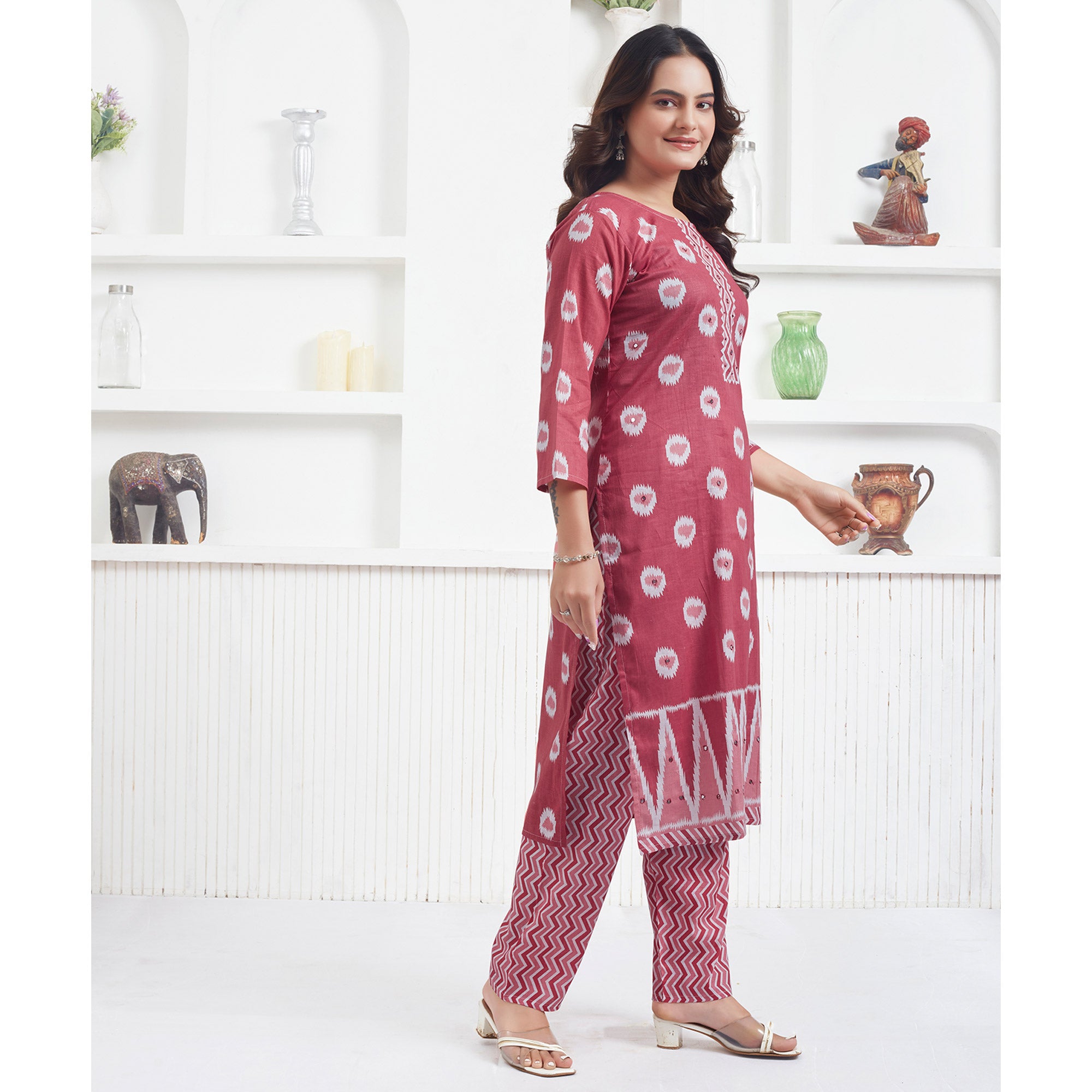 Light Red Printed Pure Cotton Salwar Suit With Mirror Work