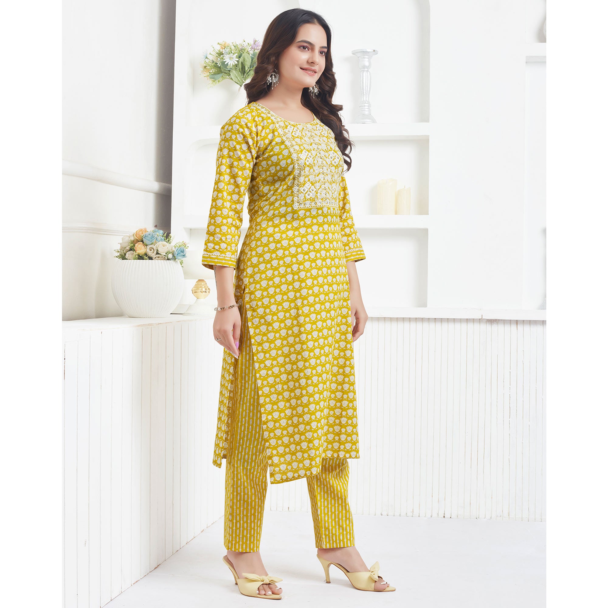 Mustard Printed Pure Cotton Salwar Suit With Sequins Work