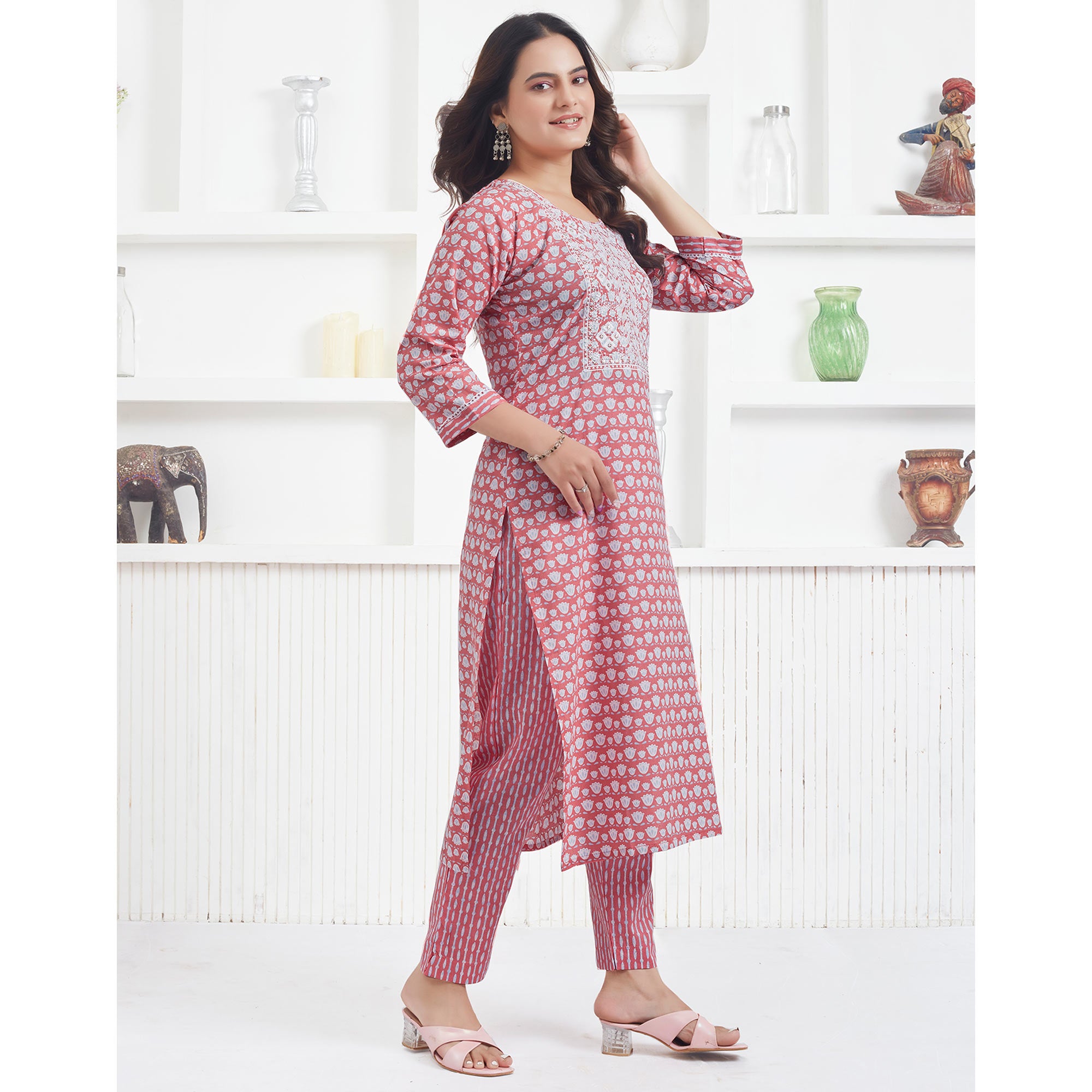 Peach Printed Pure Cotton Salwar Suit With Sequins Work