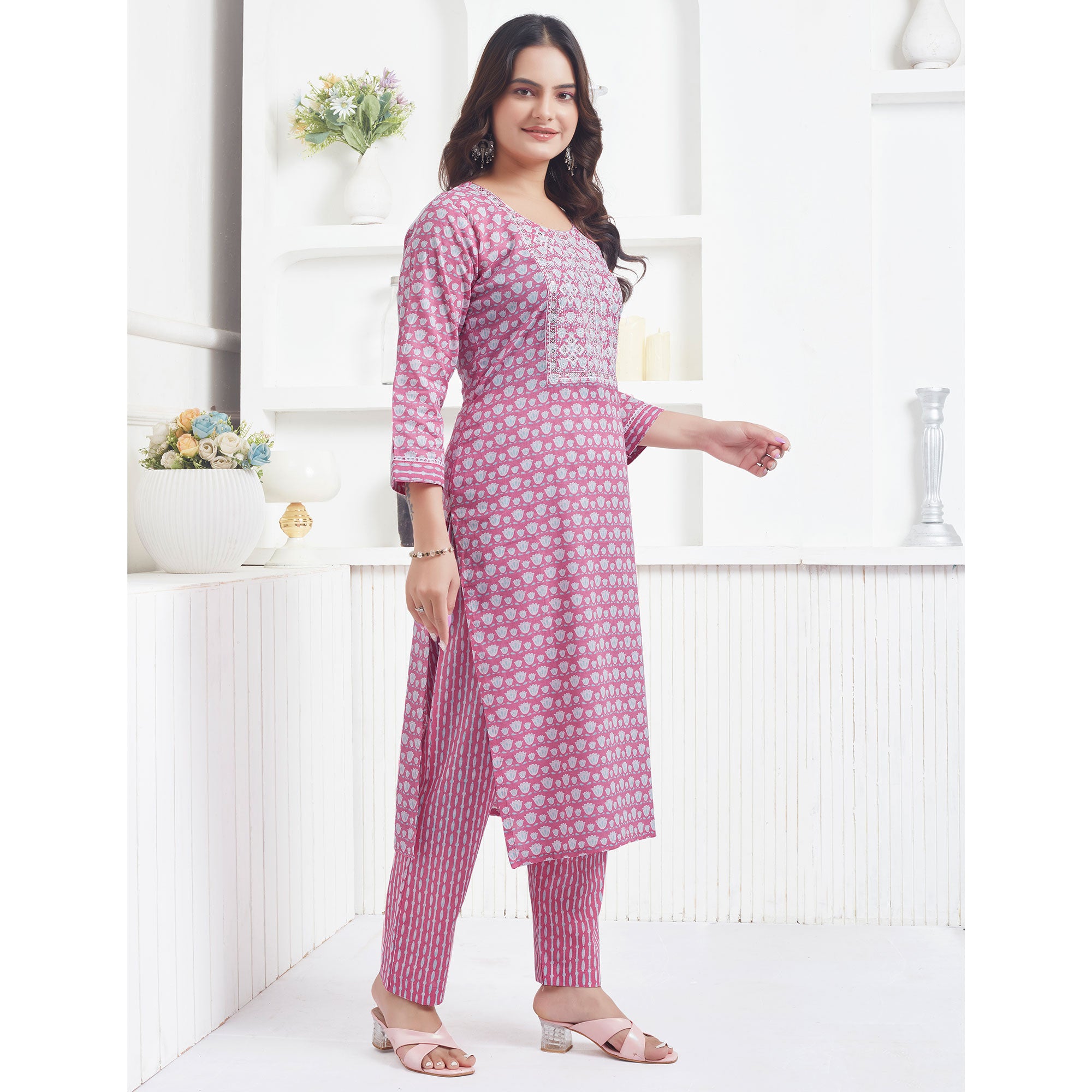 Pink Printed Pure Cotton Salwar Suit With Sequins Work