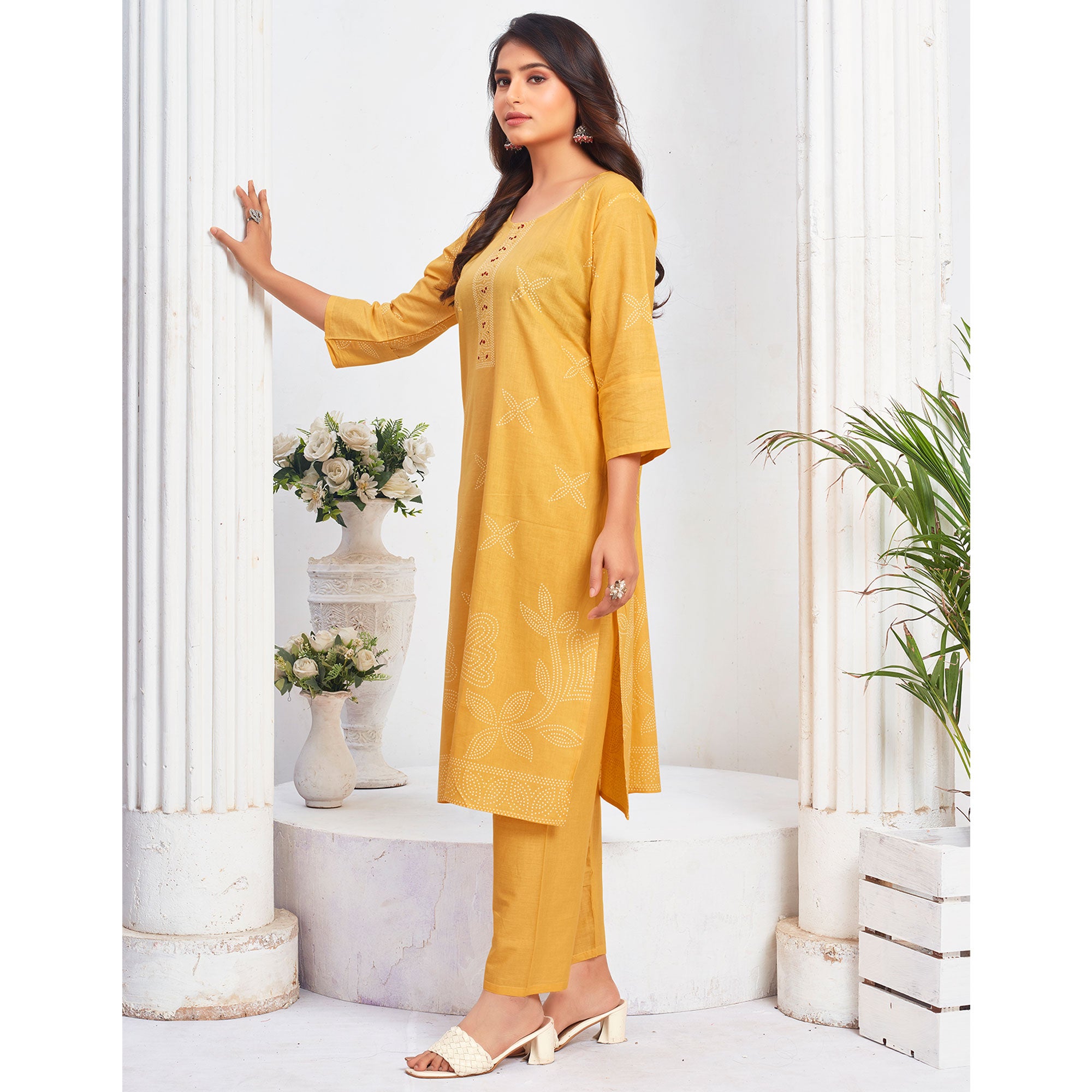 Mustard Floral Printed Pure Cotton Salwar Suit