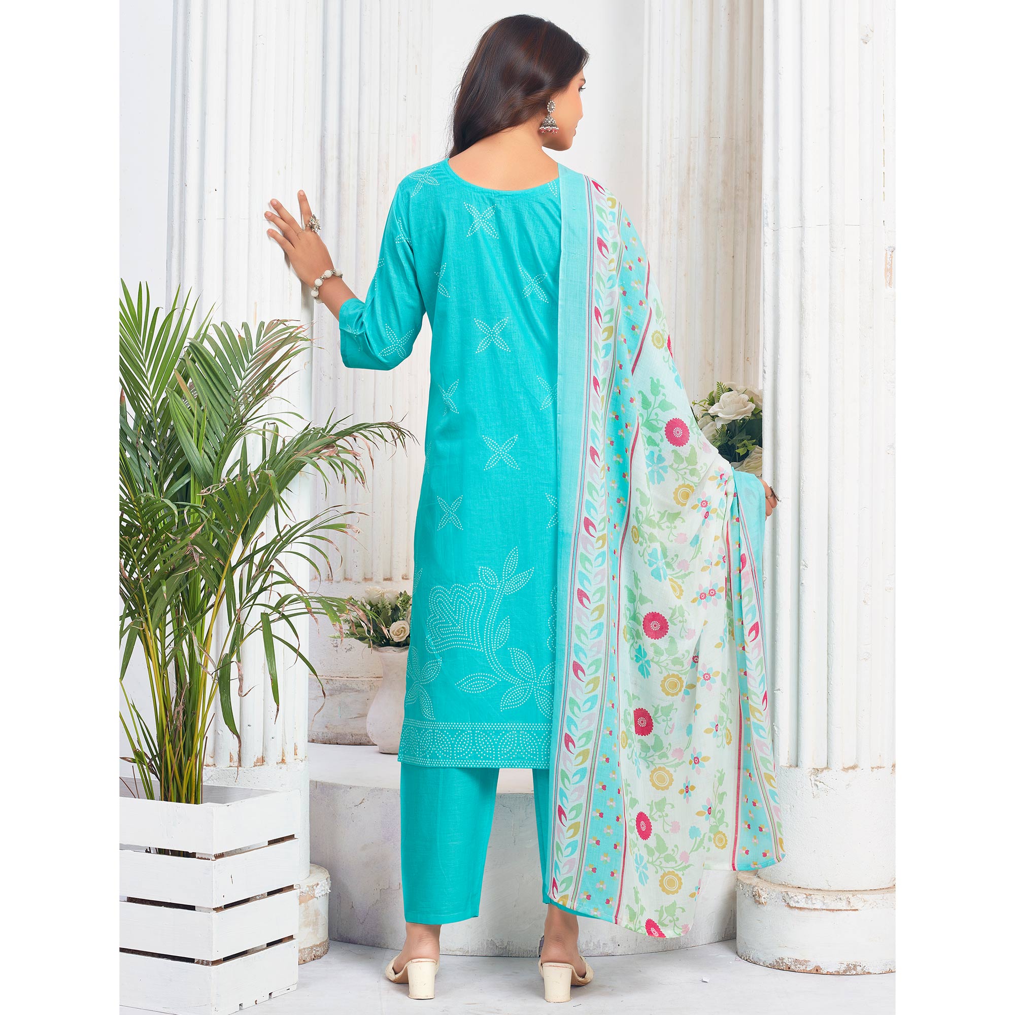 Turquoise Floral Printed Pure Cotton Salwar Suit